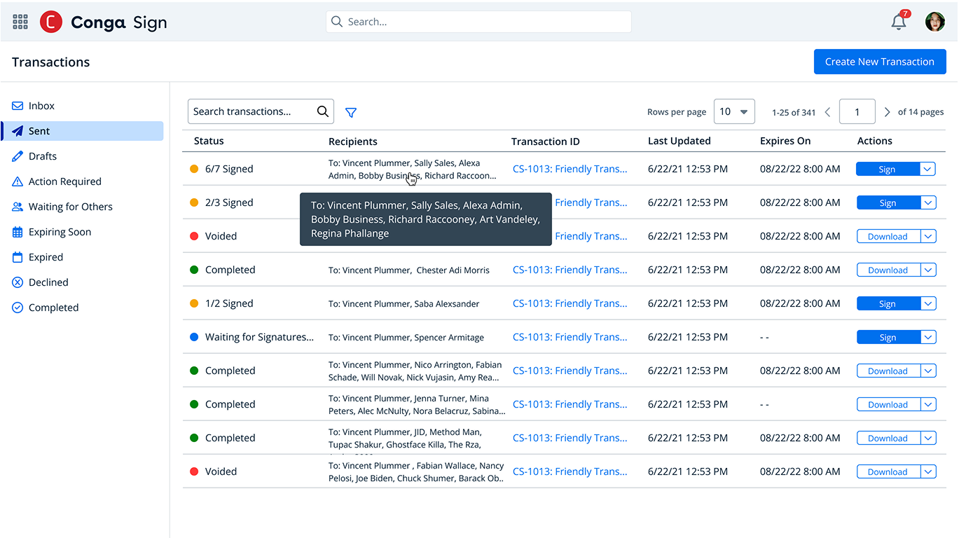 Transaction Dashboard - Central hub for tracking all signature activities