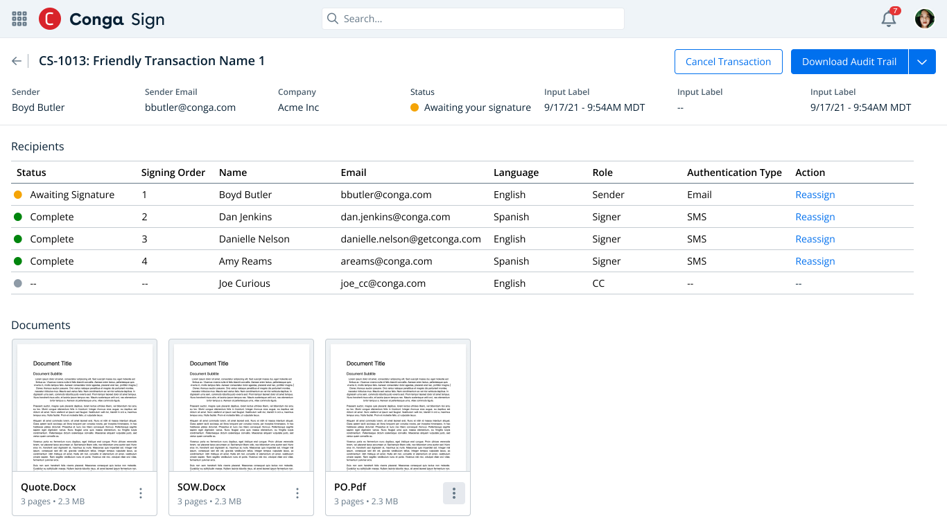 Transaction Detail View - Complete visibility into recipient status and documents