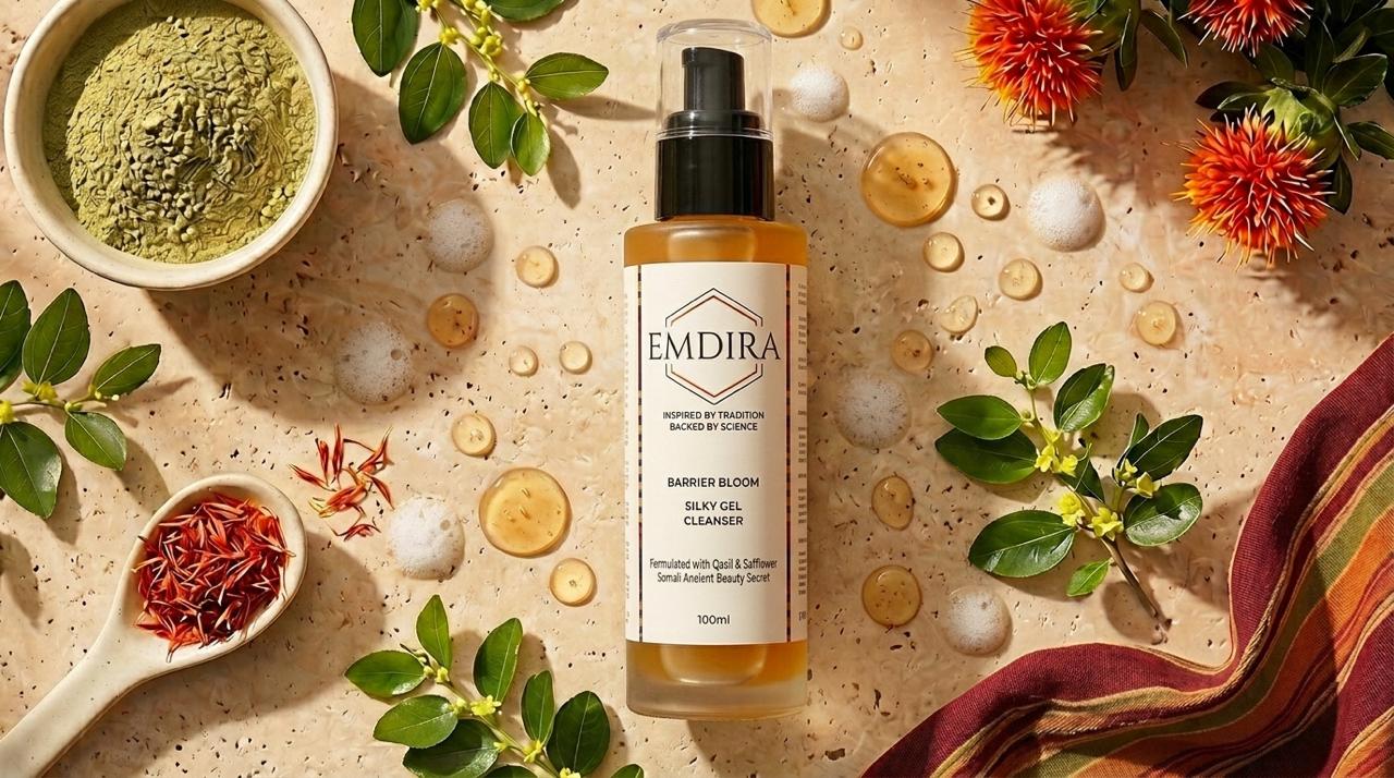EMDIRA Barrier Bloom Silky Gel Cleanser bottle with botanicals