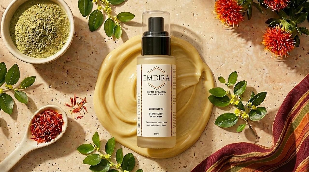 EMDIRA Silky Recovery Moisturiser jar beside flowers and botanicals