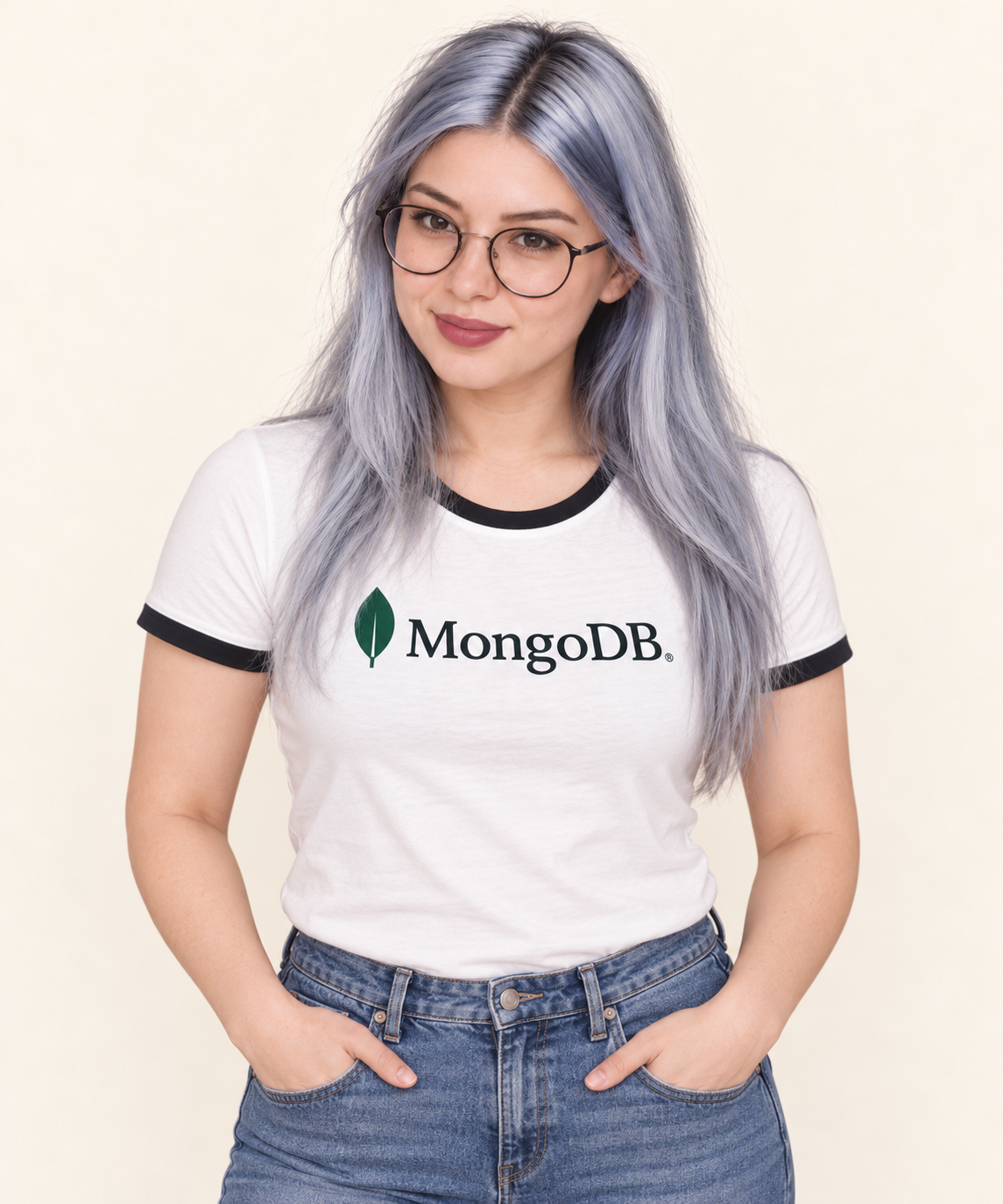 Sarah Risotto with silver-blue hair and glasses wearing a MongoDB tee against a cream background