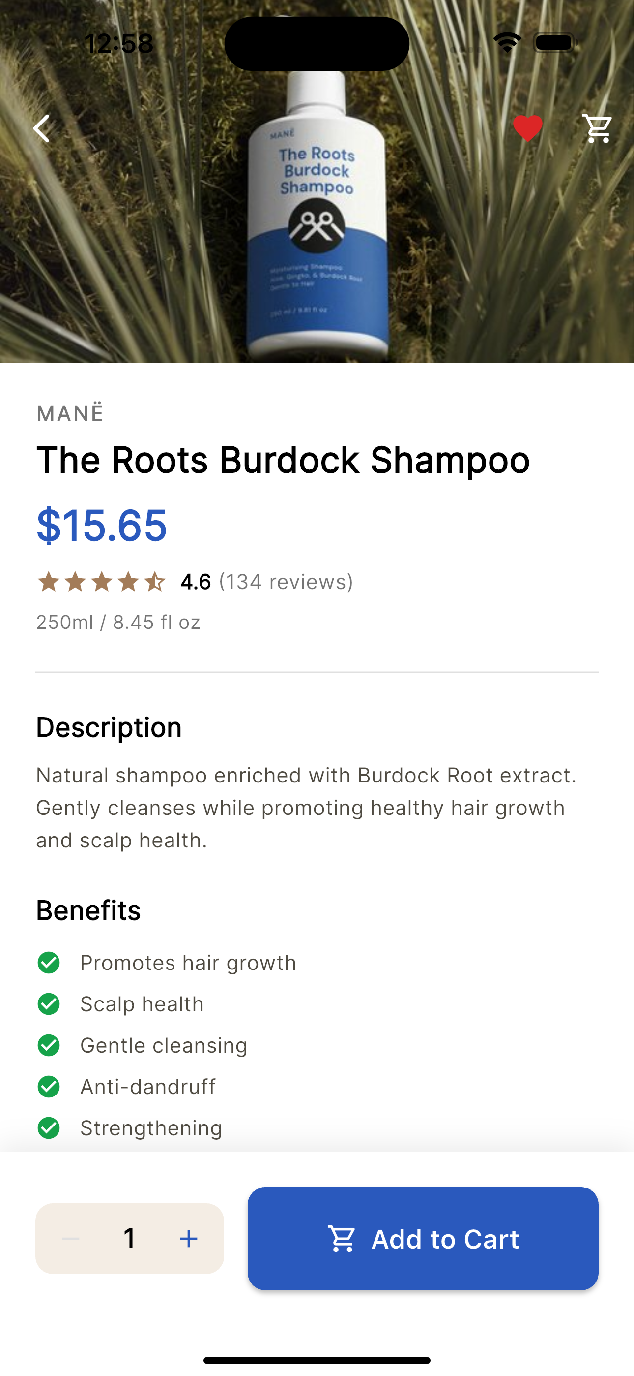 The Roots Burdock Shampoo product detail page with benefits