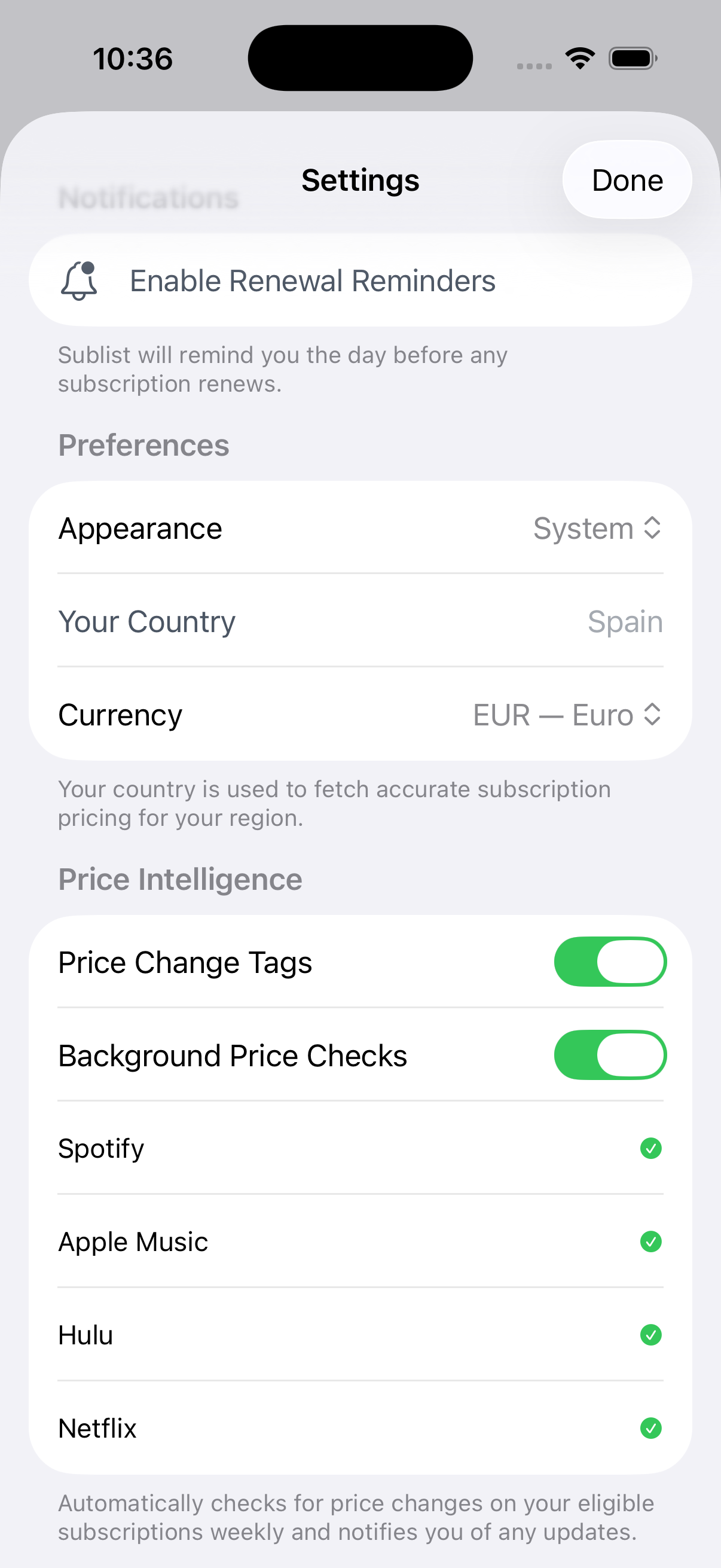 Sublist Settings showing Price Intelligence feature with automatic price change detection for Spotify, Apple Music, Hulu, and Netflix
