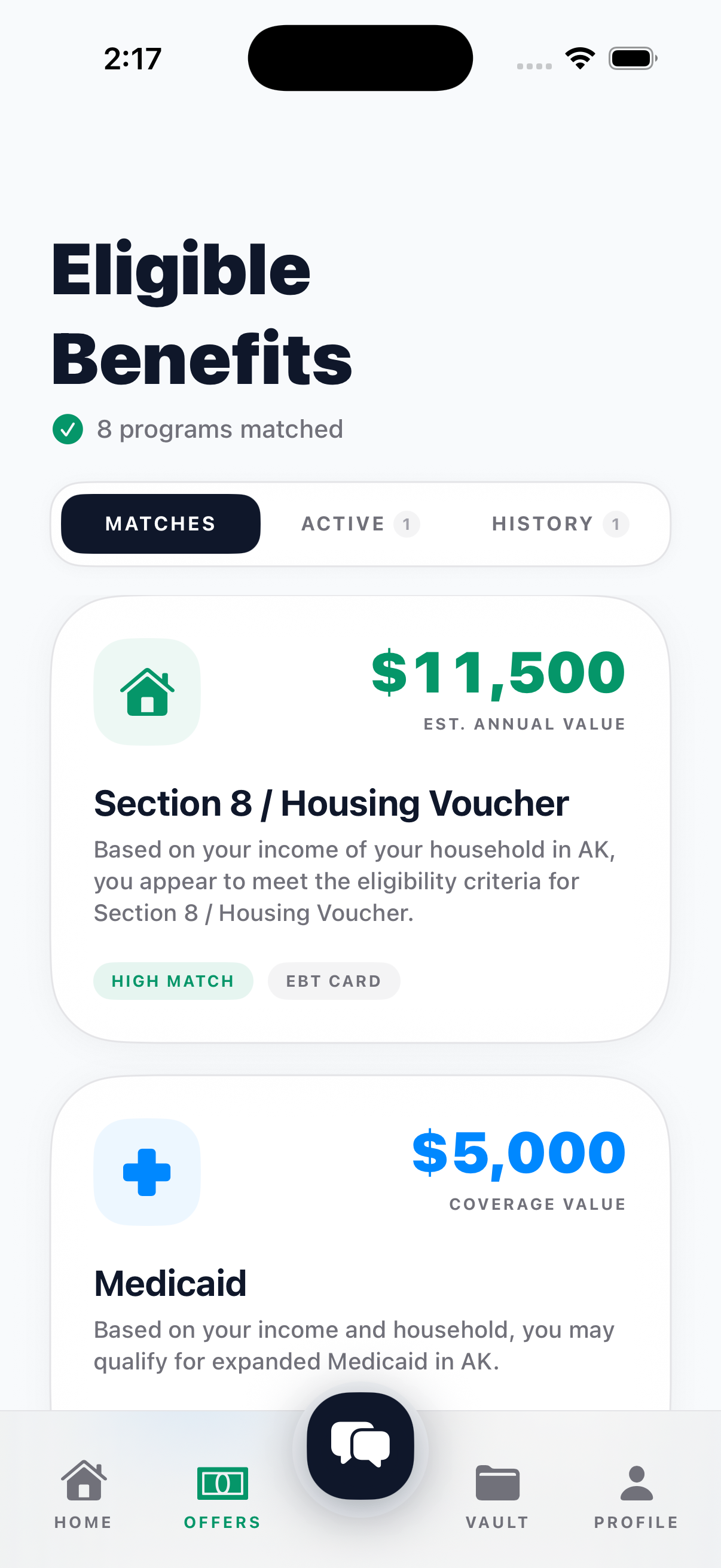 BenefitNow AI showing eligible benefits