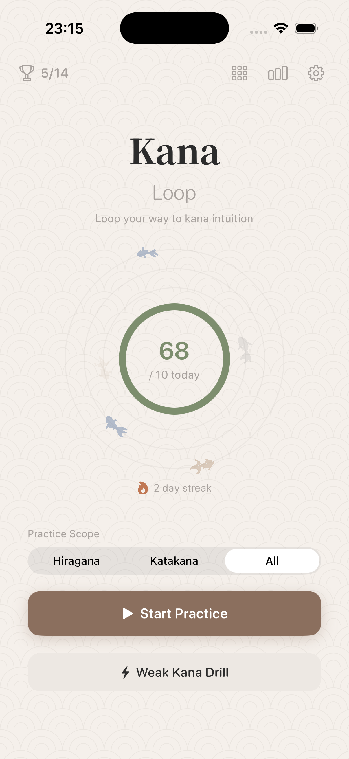 Kana Loop home screen showing the daily progress ring and floating goldfish