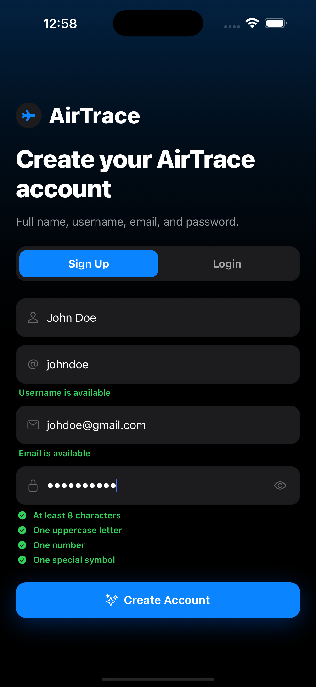 Create account screen