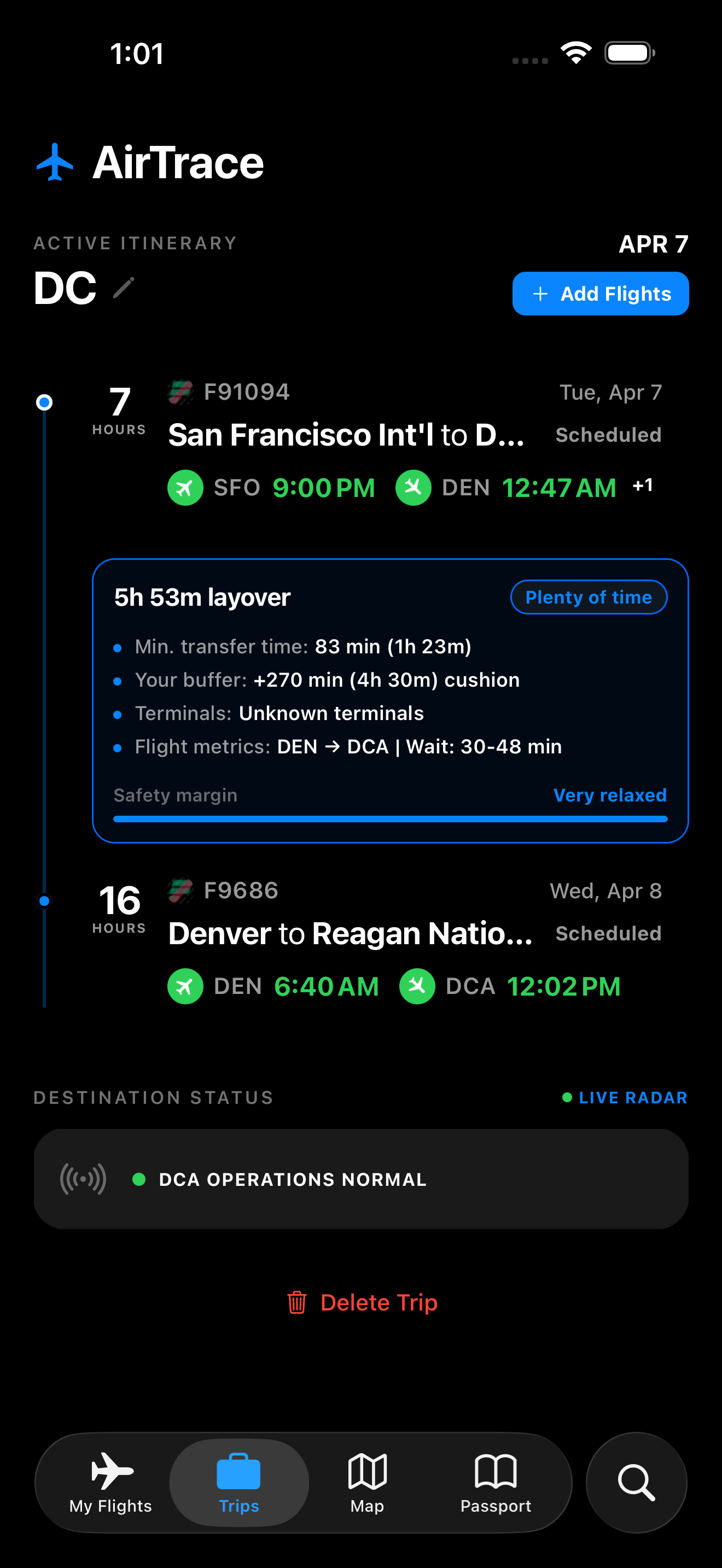 Trip itinerary with layovers