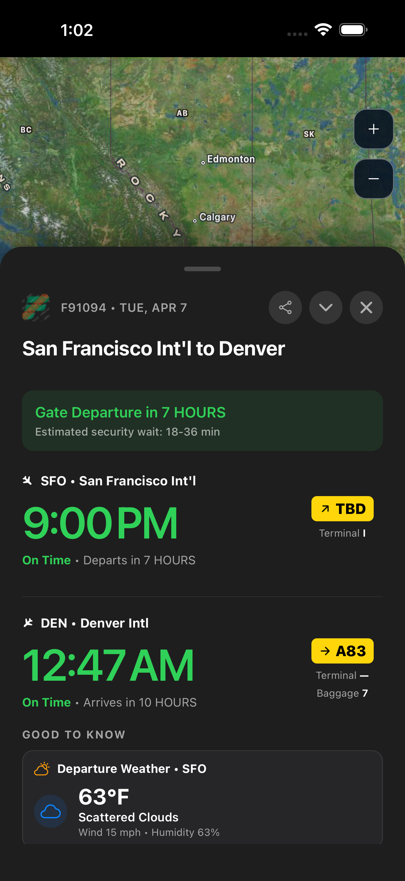 Flight details with weather