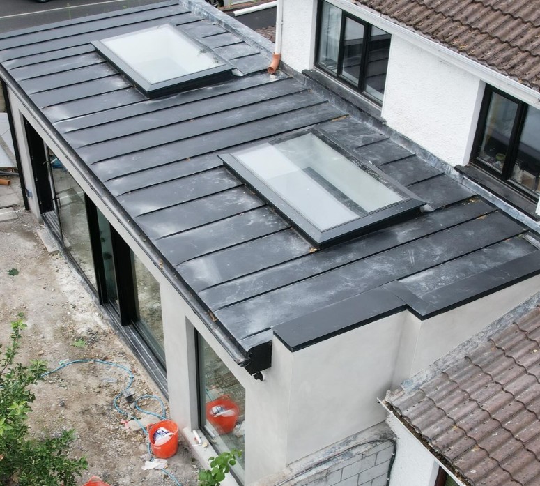 Single-storey extension with a zinc standing-seam roof and twin skylights (in progress) in In progress