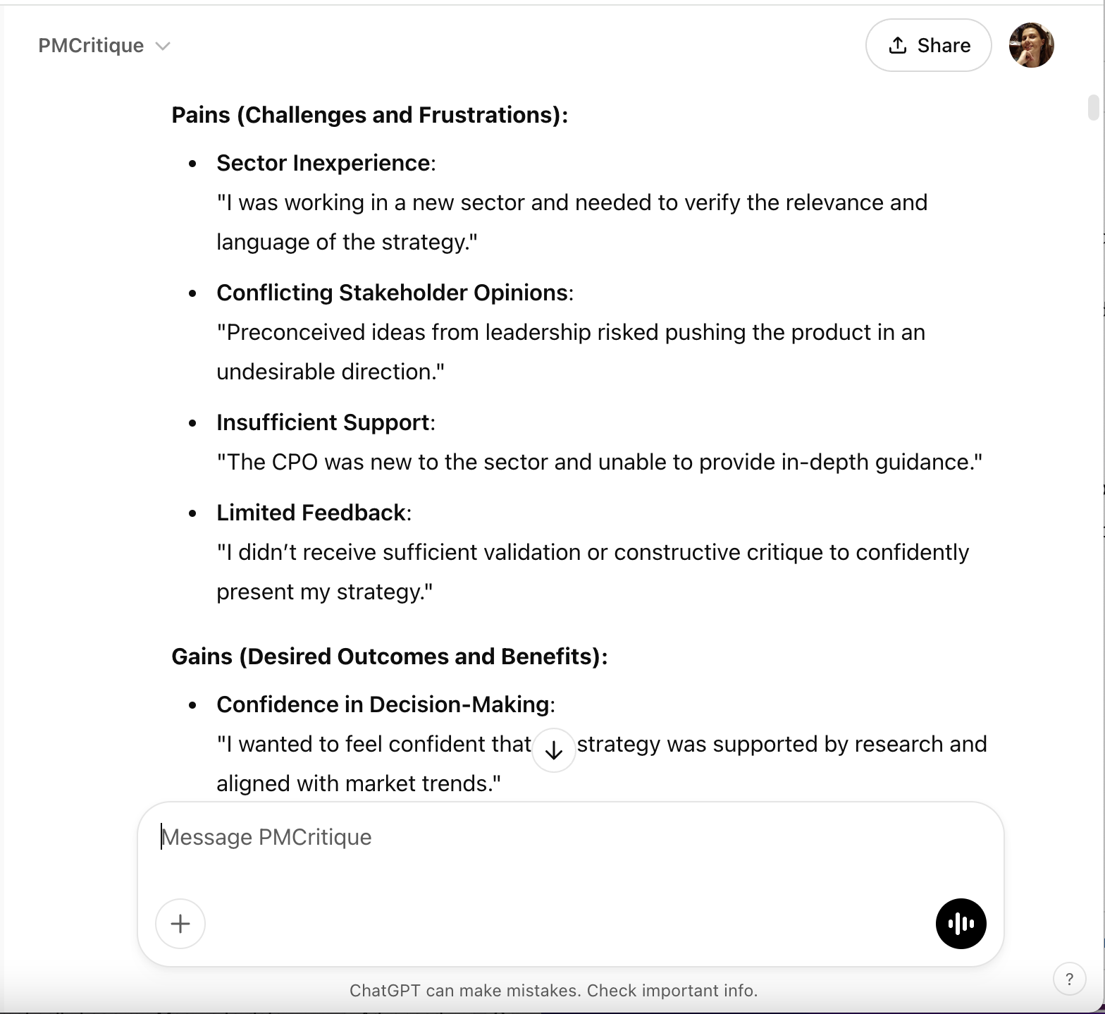 PMCritique Pain Points and Gain Creators Analysis