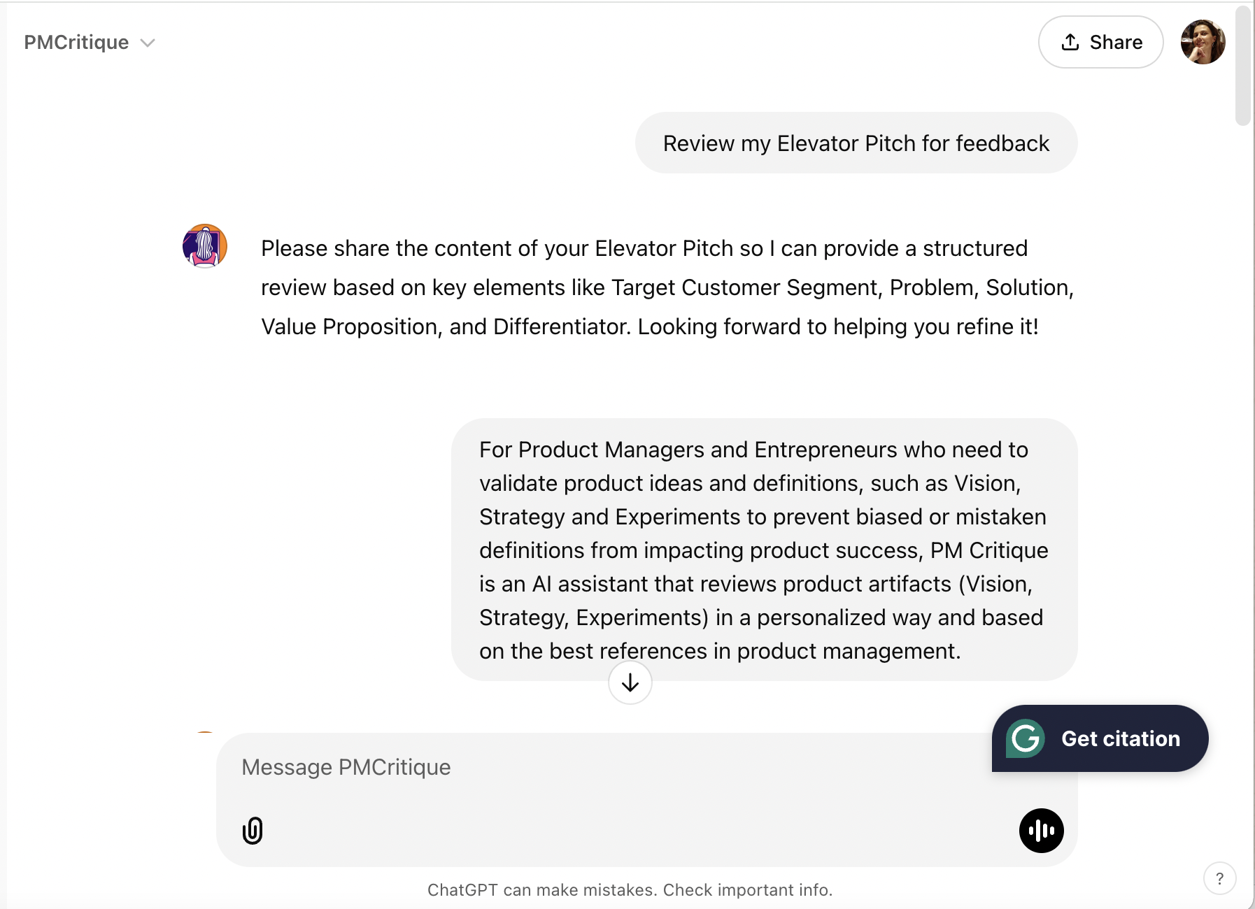 PMCritique Elevator Pitch Review Example