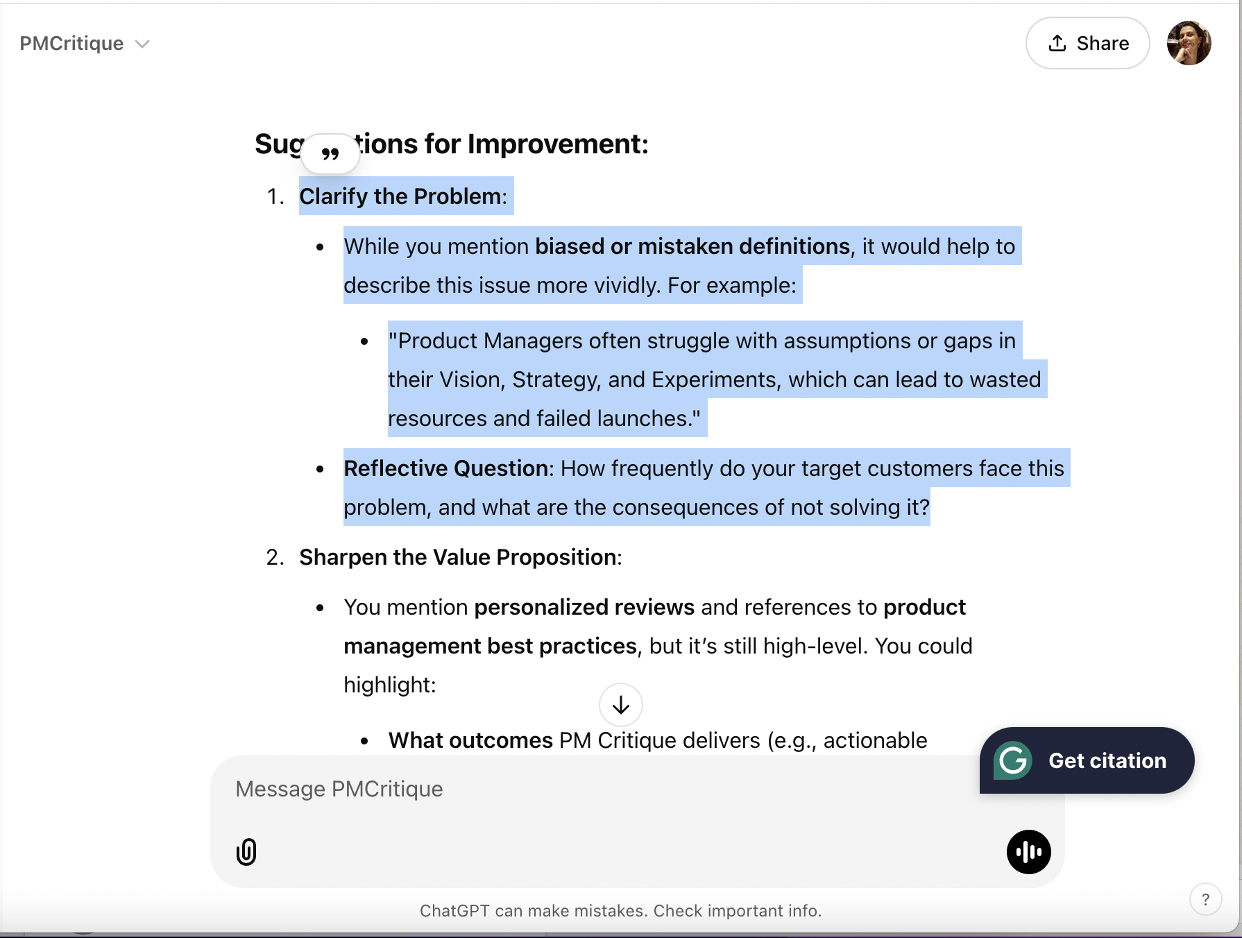 PMCritique Value Proposition Improvement Suggestions