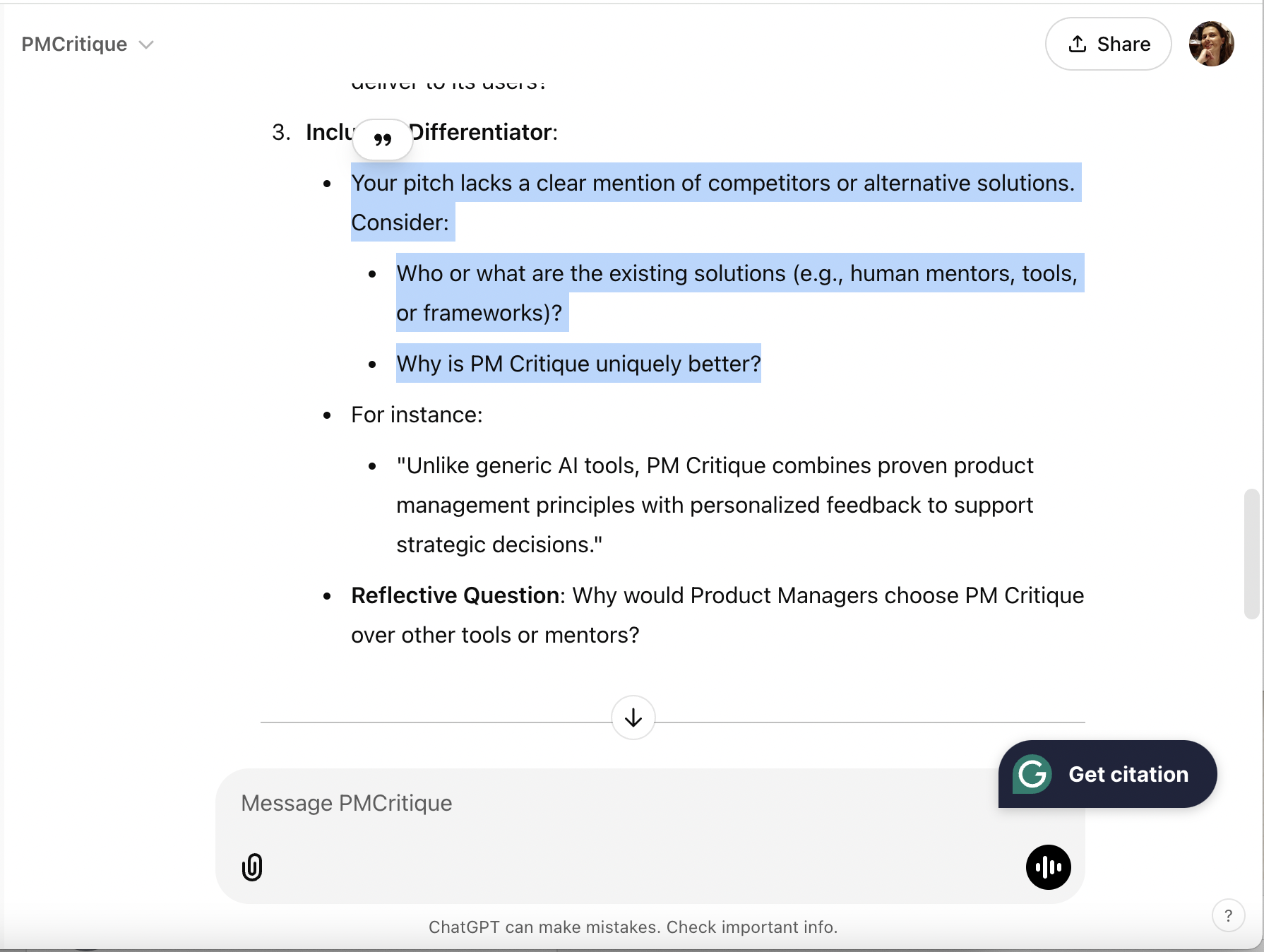 PMCritique Differentiator Analysis