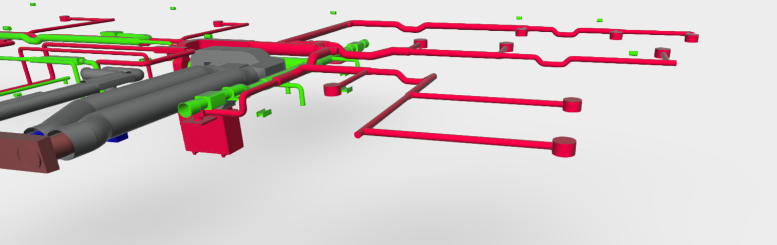 3D-modell av ventilationsinstallation med kanaler och tekniska system