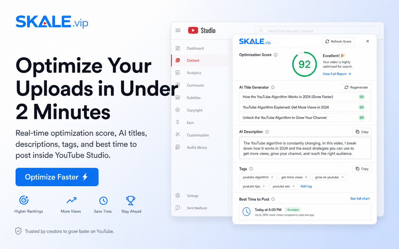SKALE optimization toolbar inside YouTube Studio with AI title generator, description, and tags