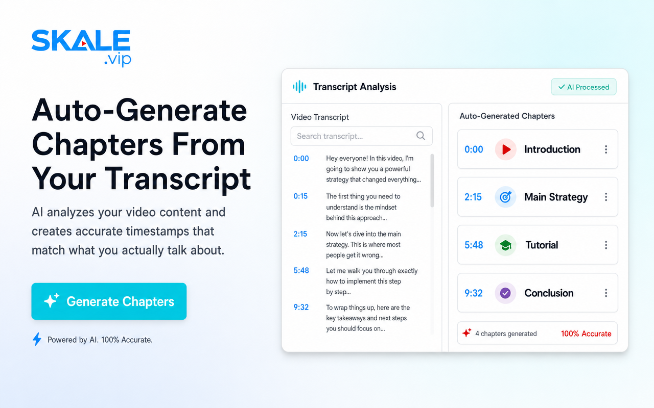 SKALE transcript analysis auto-generating YouTube chapters with timestamps