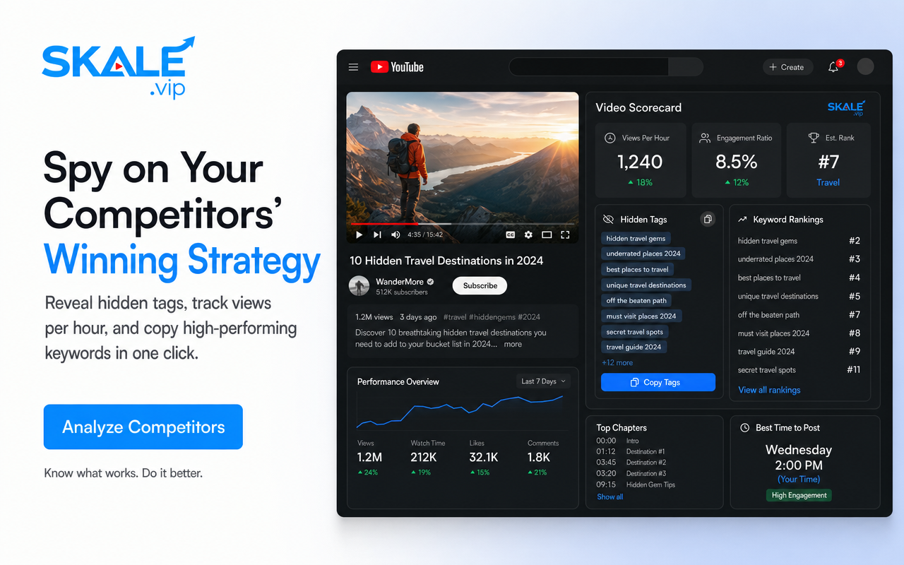 SKALE competitor scorecard on a YouTube watch page revealing hidden tags and keyword rankings