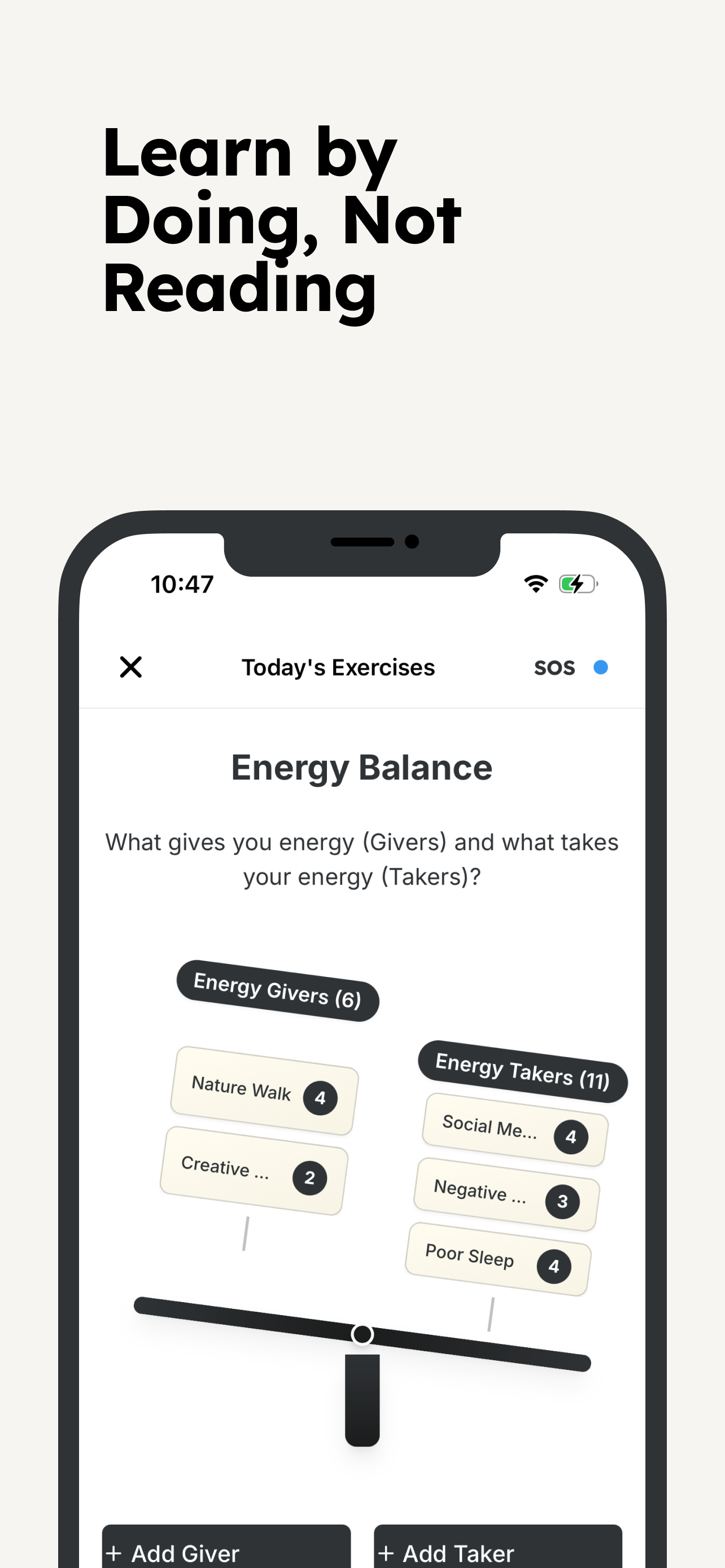 well. app screen showing an interactive Energy Balance exercise with givers and takers