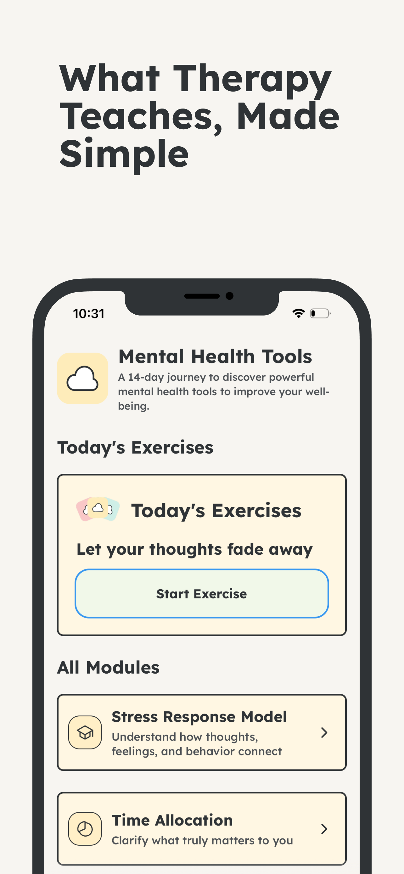 well. app home screen showing Mental Health Tools, today's exercise and module list
