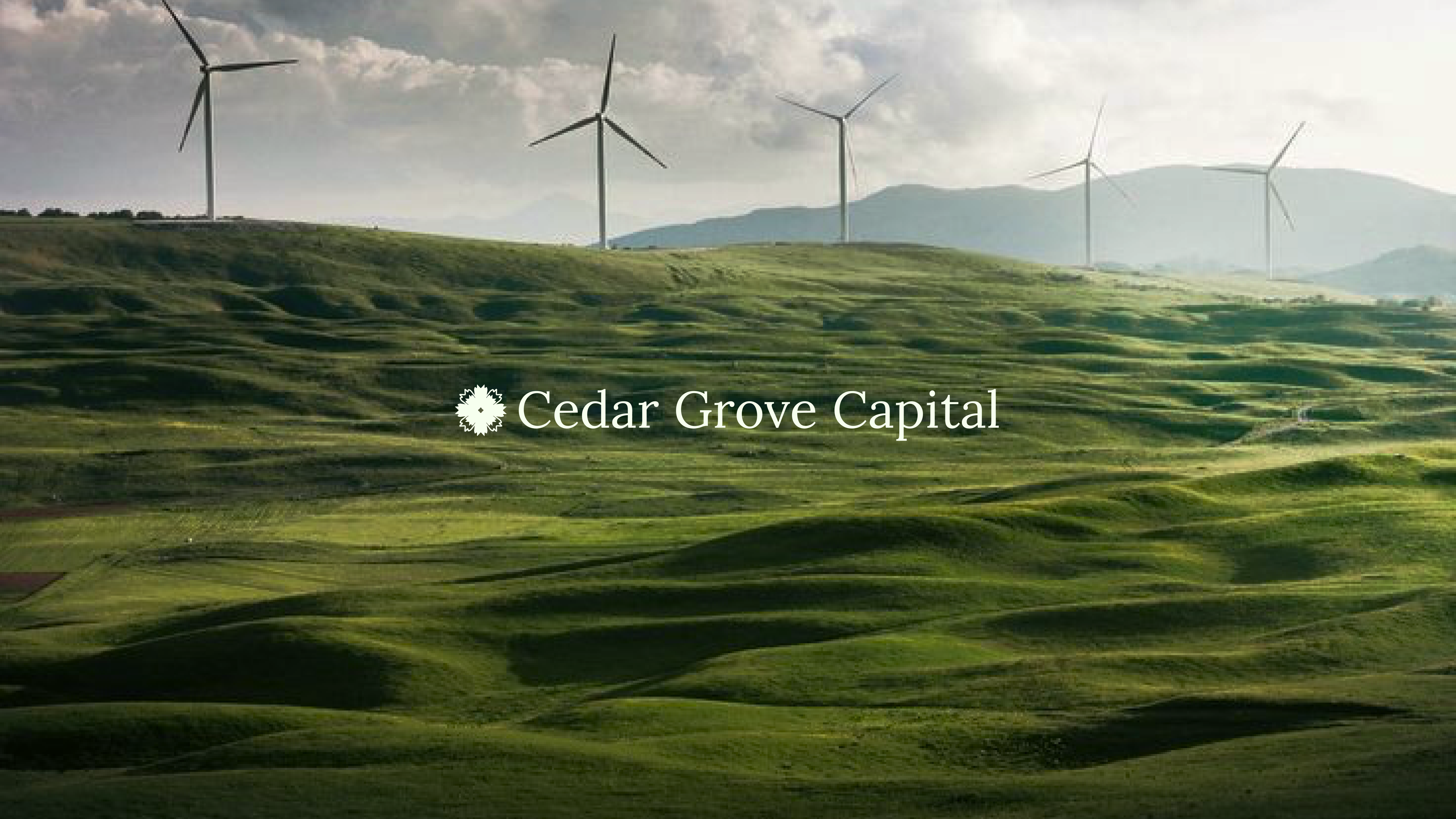 Cedar Grove Capital logo over wind turbines on green hills
