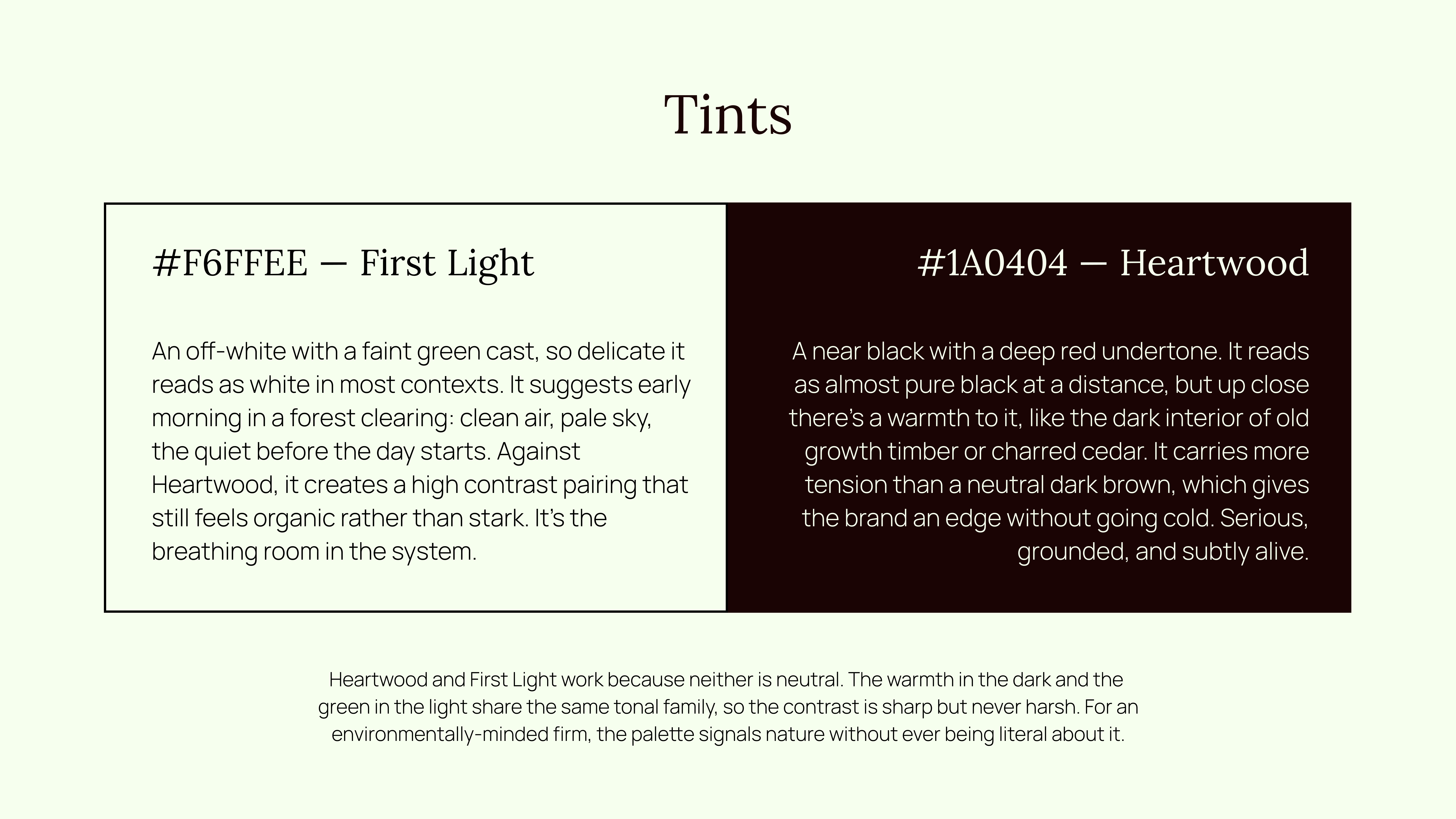 Cedar Grove Capital color tints - First Light and Heartwood