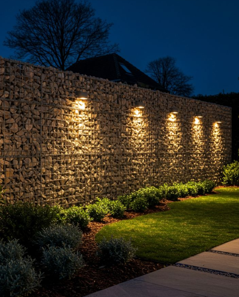 Résultat final éclairage mur gabion de nuit