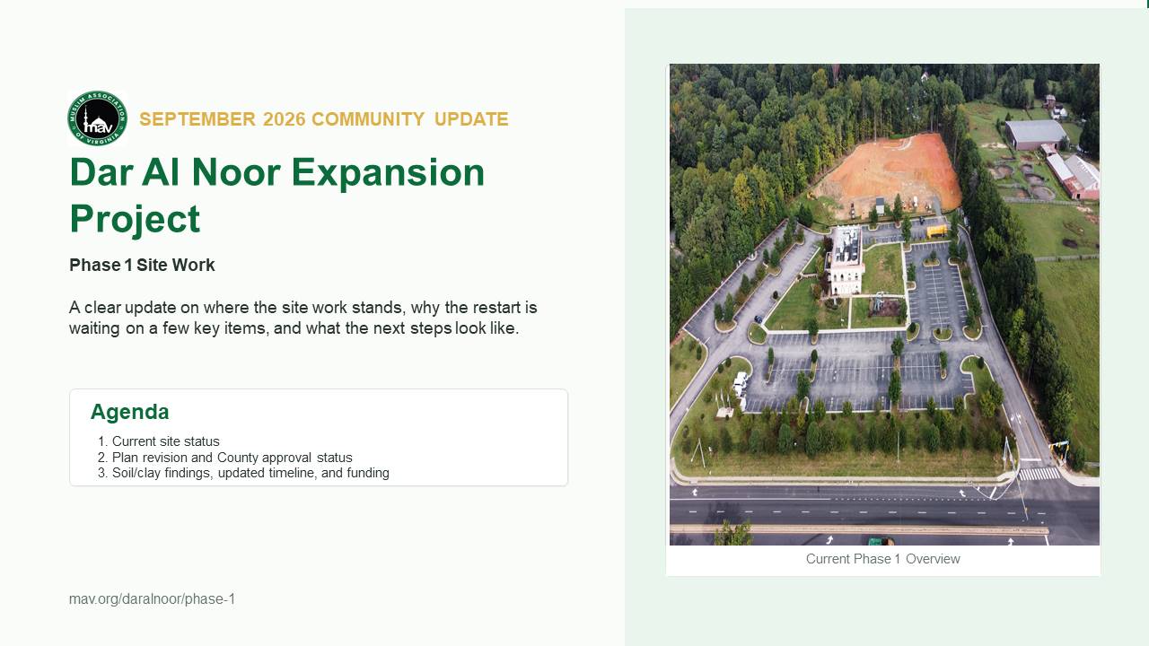 September 2026 Community Update cover slide for the Dar Al Noor Expansion Project, Phase 1 Site Work.