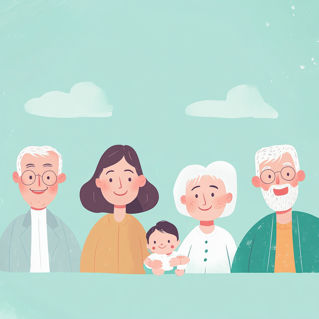 Illustration of a happy multi-generational family supporting each other