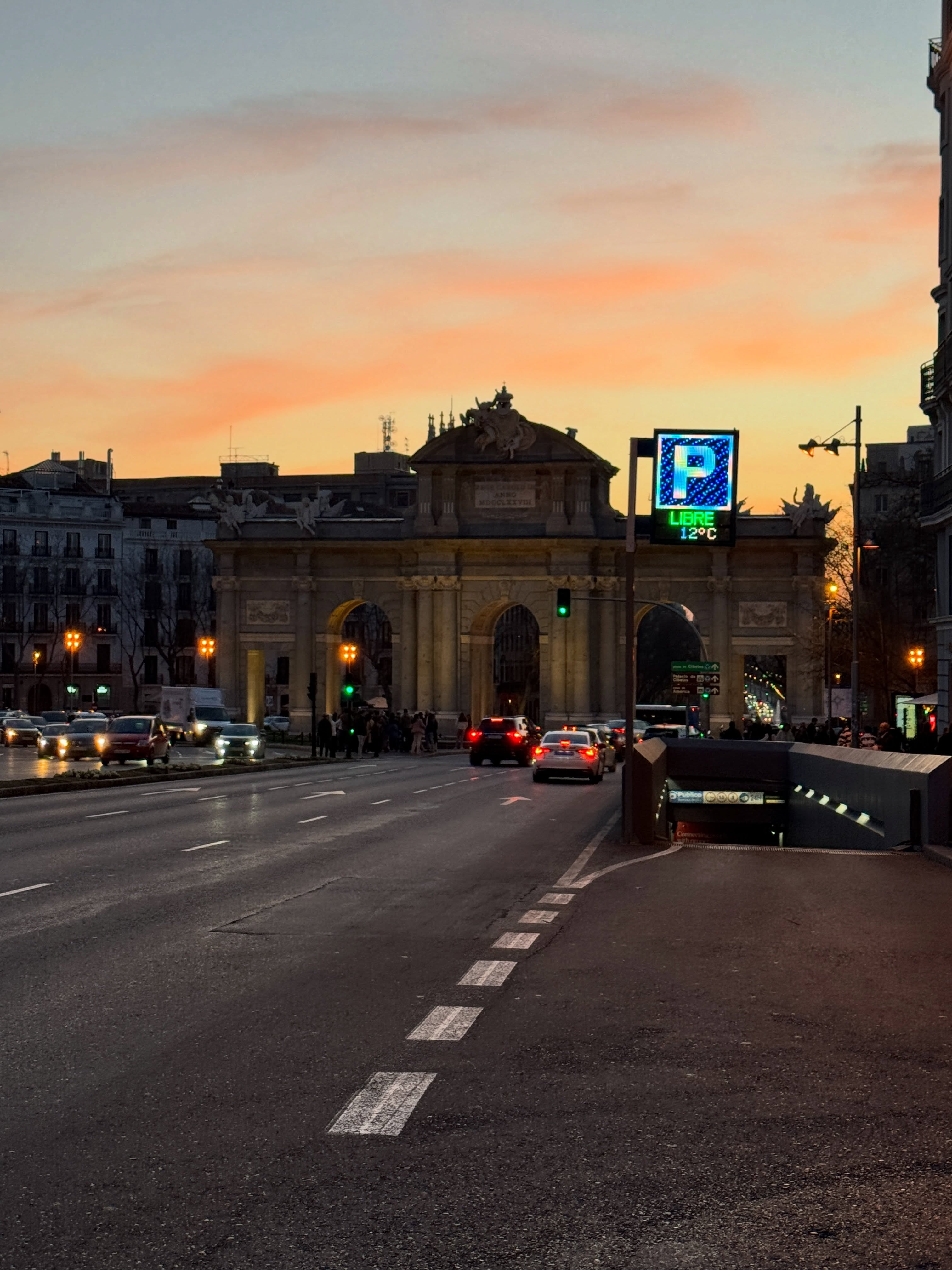 Madrid sunset at Puerta de Alcalá