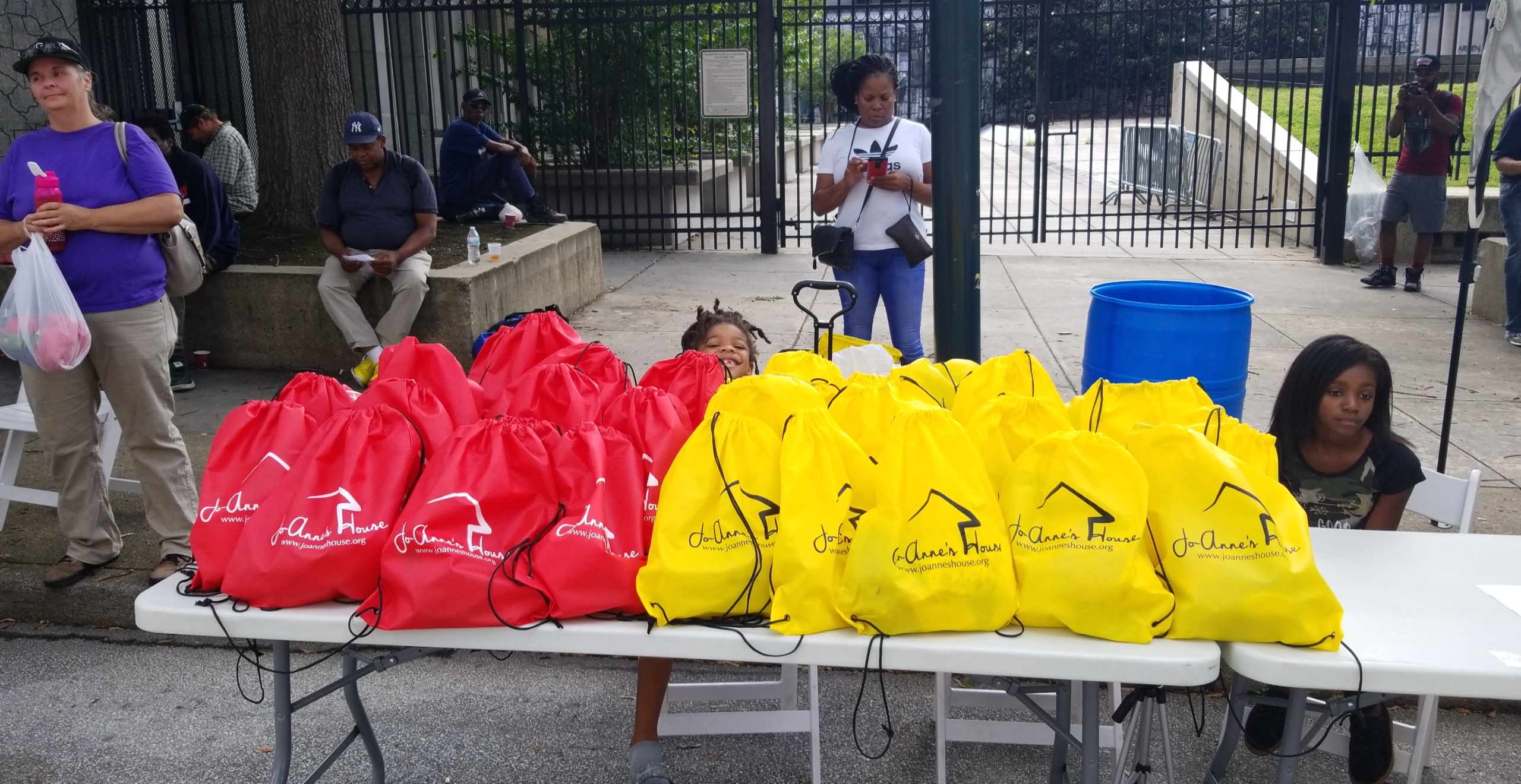 Table with donation bags ready for distribution