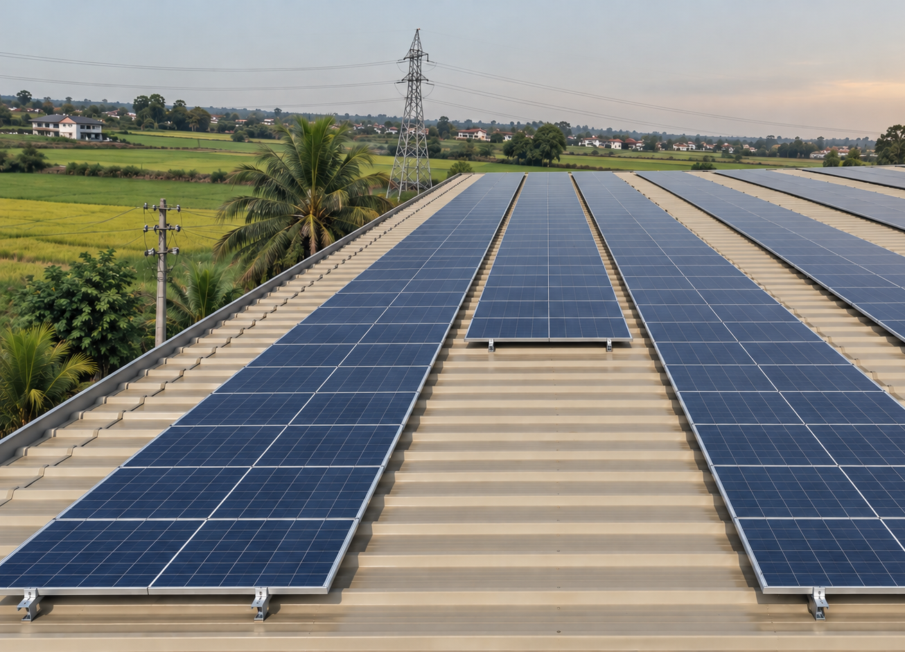 Close aerial view of solar panels installed across an industrial rooftop with green fields beyond