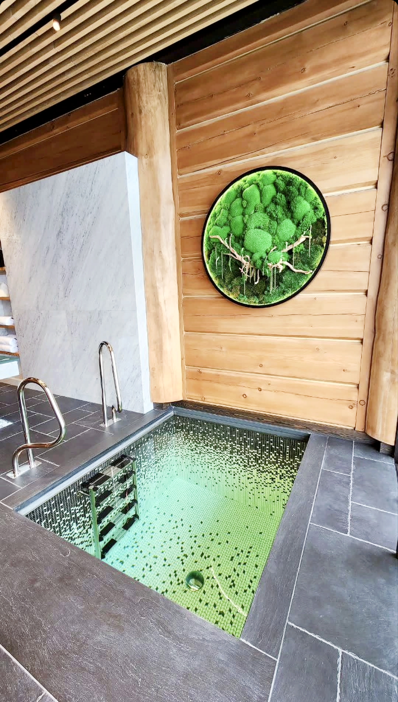 Japanese-inspired outdoor hot spring with green tile surround, natural water feature, and minimalist design