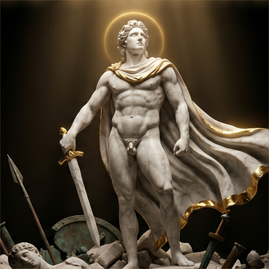 Warrior statue with golden halo