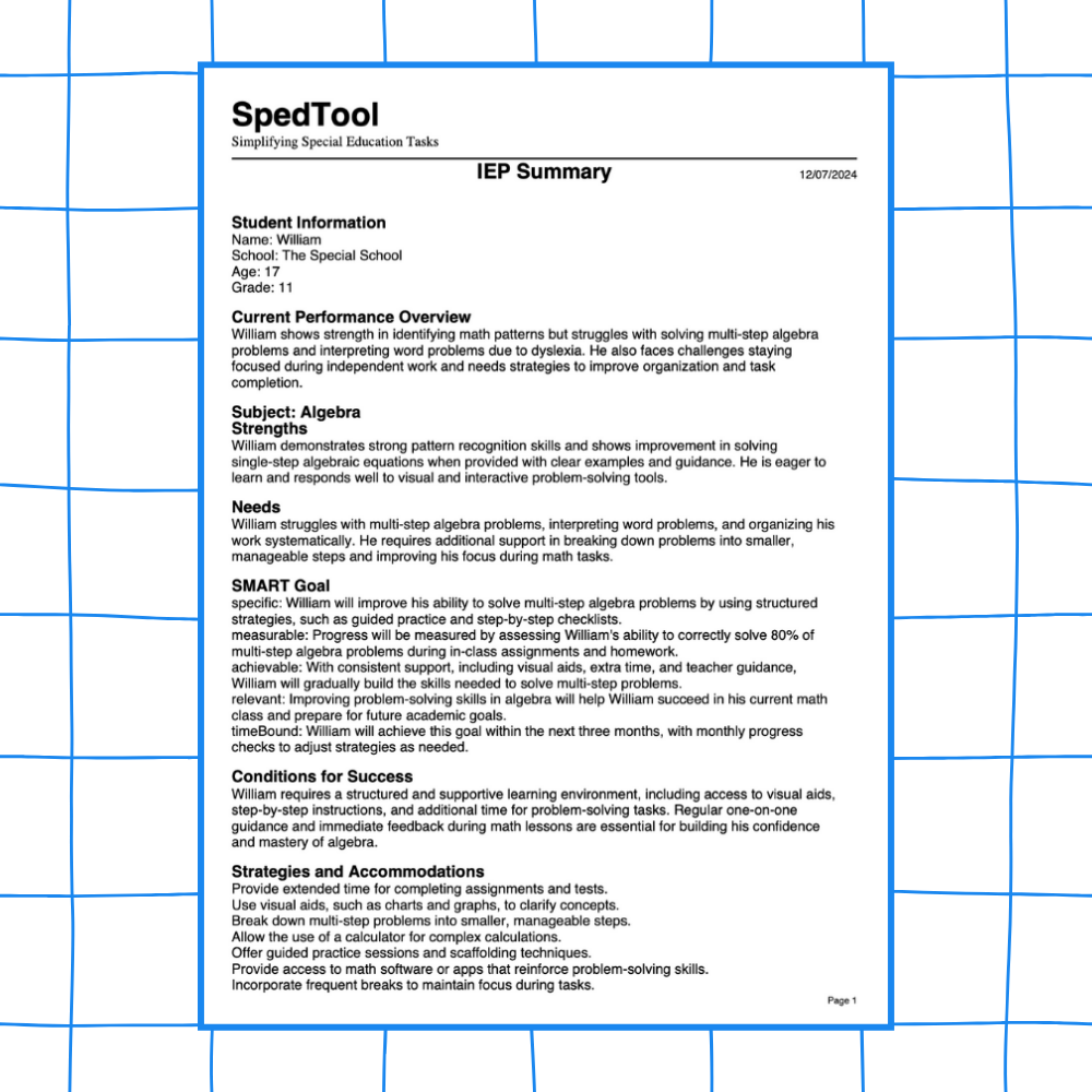 SpedTool IEP Summary Example