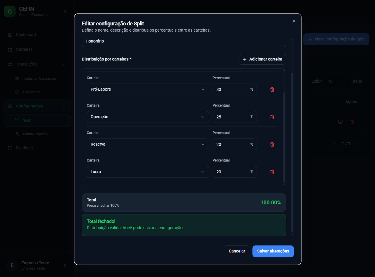 Configuração de Split
