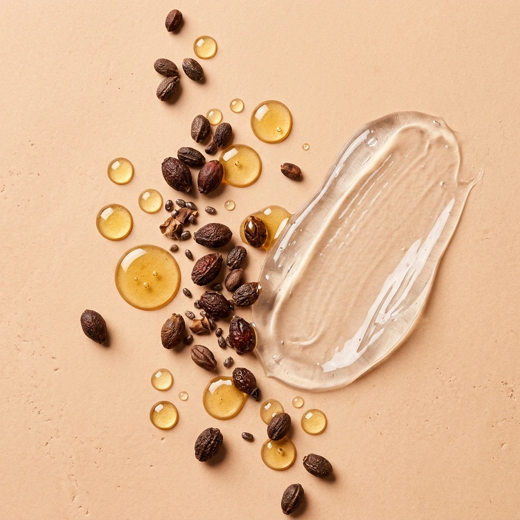 Small dark squalane seeds with golden oil droplets and a clear gel smear on a warm beige background