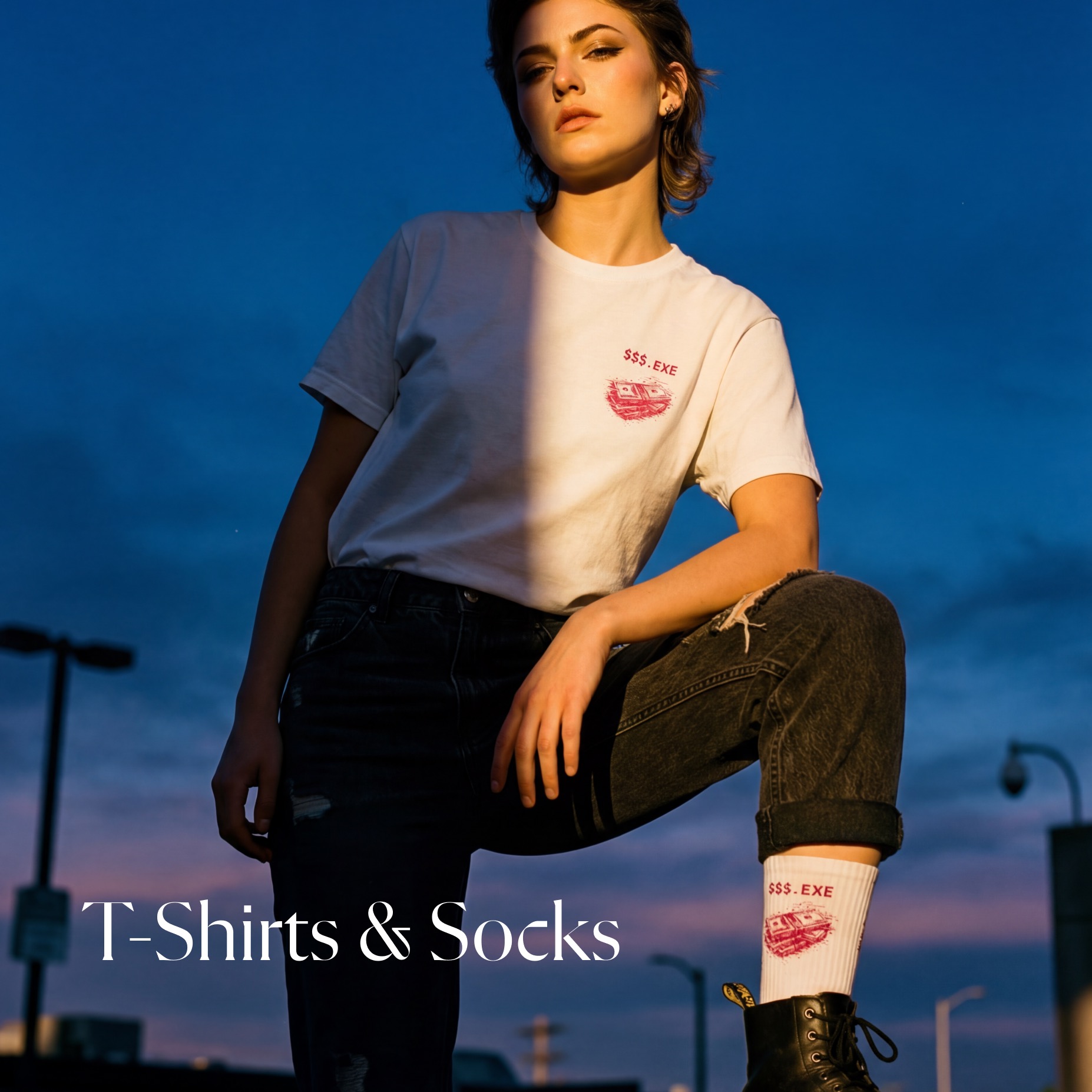 Model in a white tee and socks printed with the $$$.EXE glitch money motif