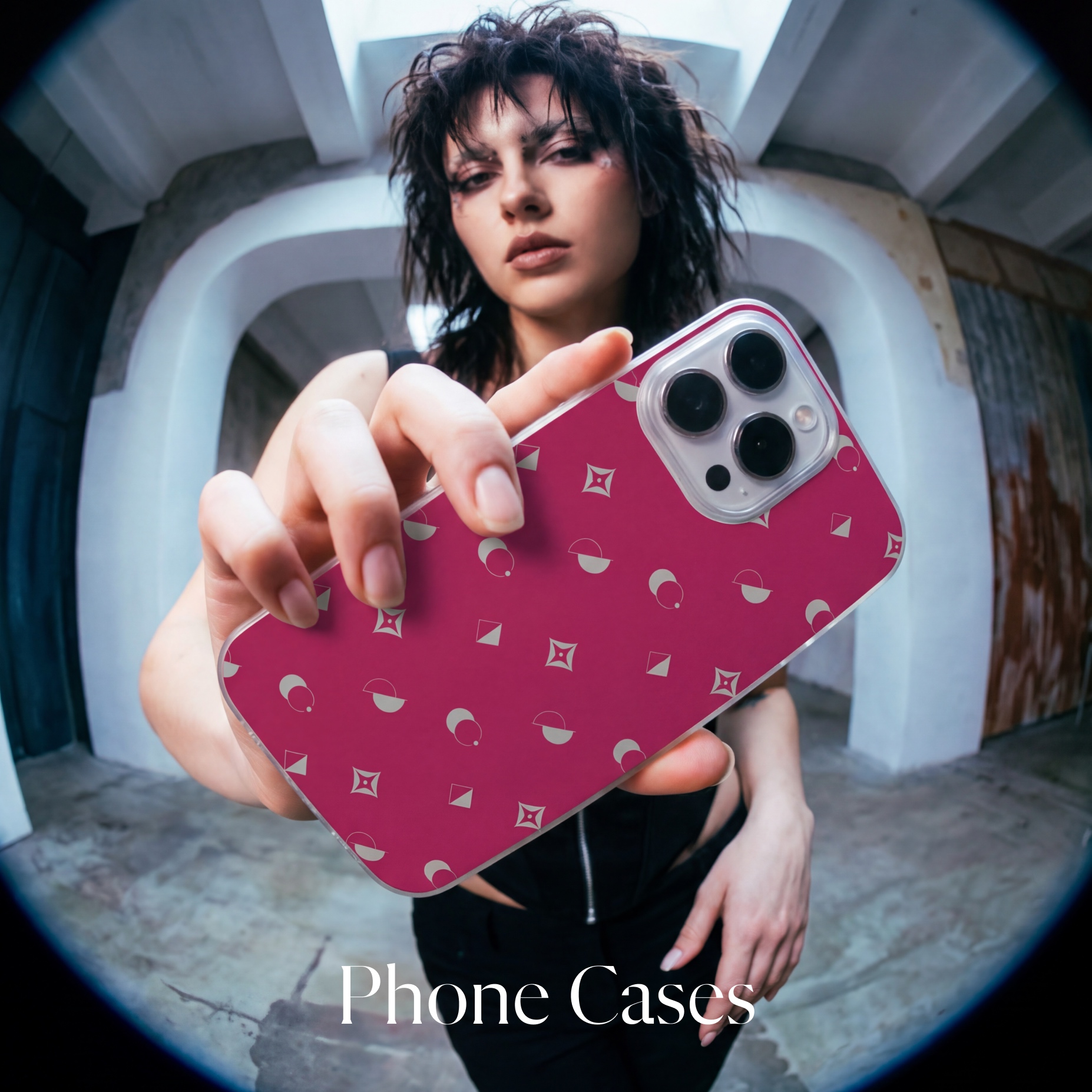 Model holding a cerise Whimzy monogram phone case toward the camera