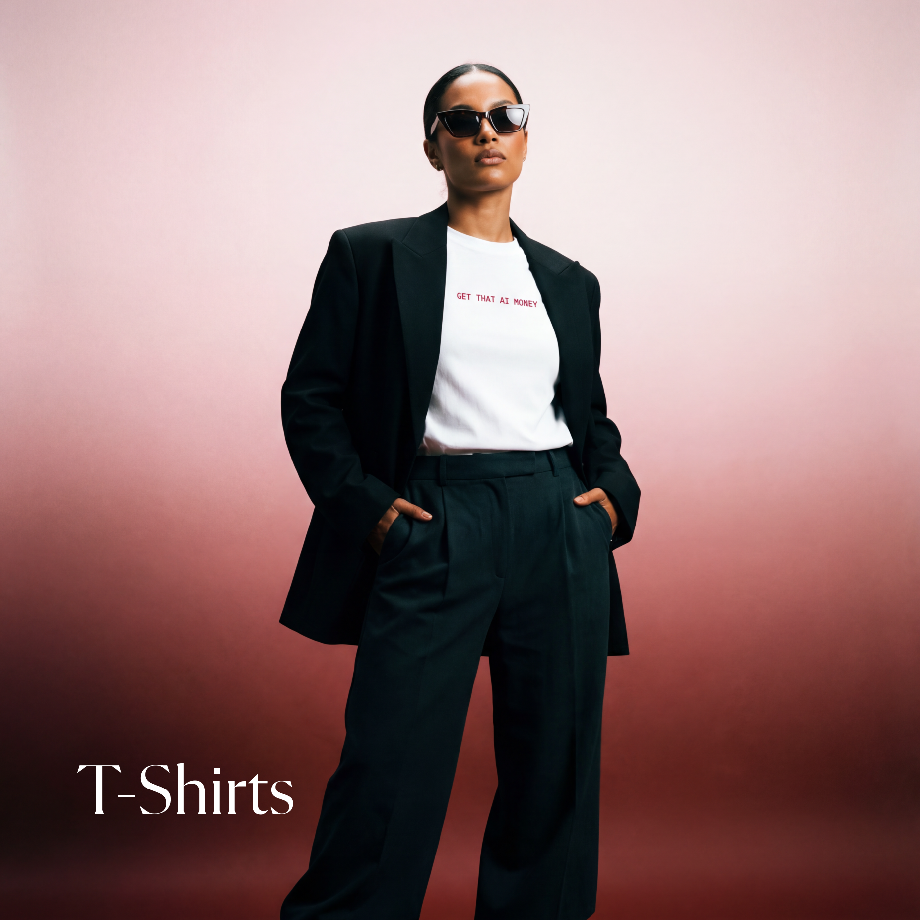 Model in an oversized black suit and white tee reading GET THAT AI MONEY