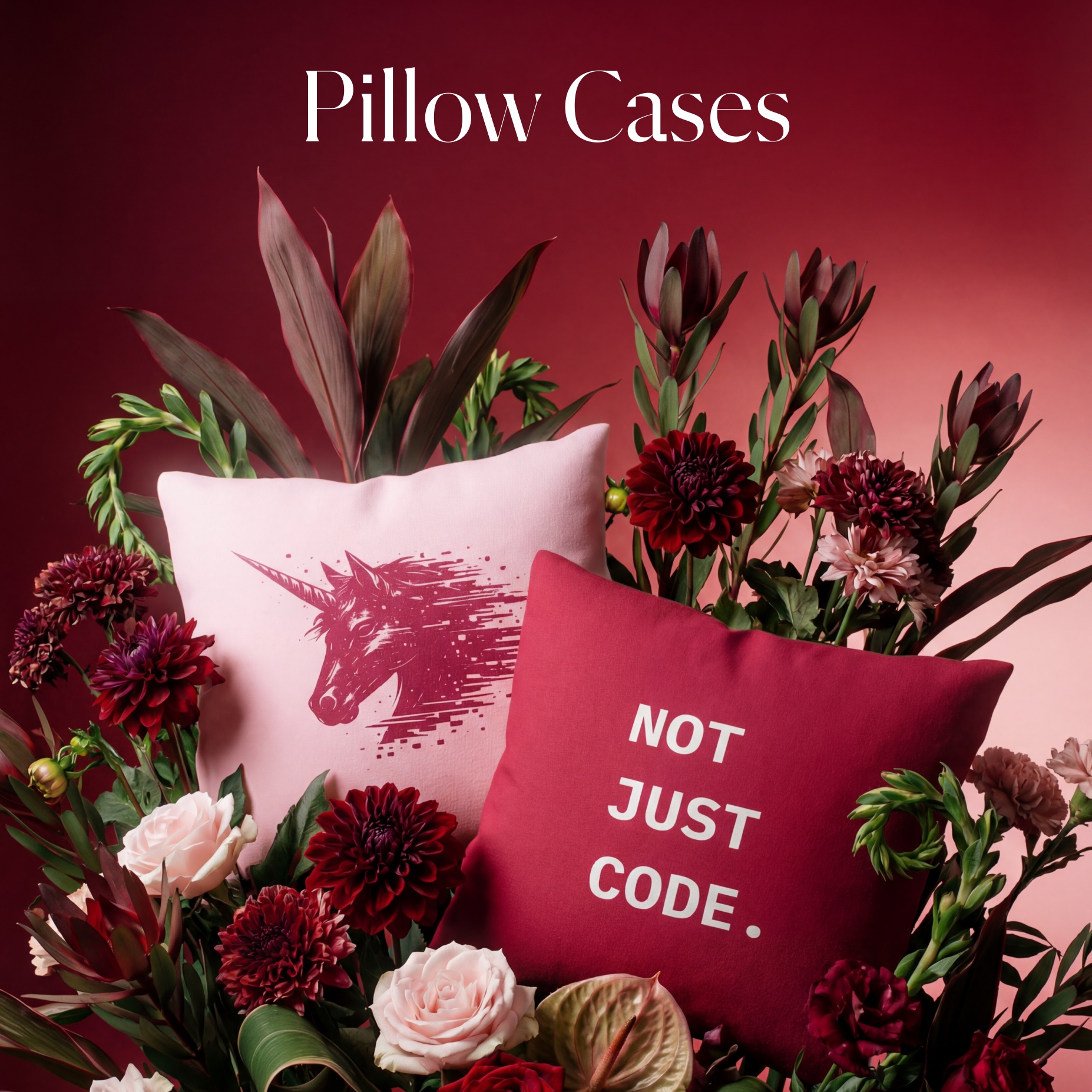 Whimzy pillow cases with glitch unicorn and NOT JUST CODE prints among dark red flowers