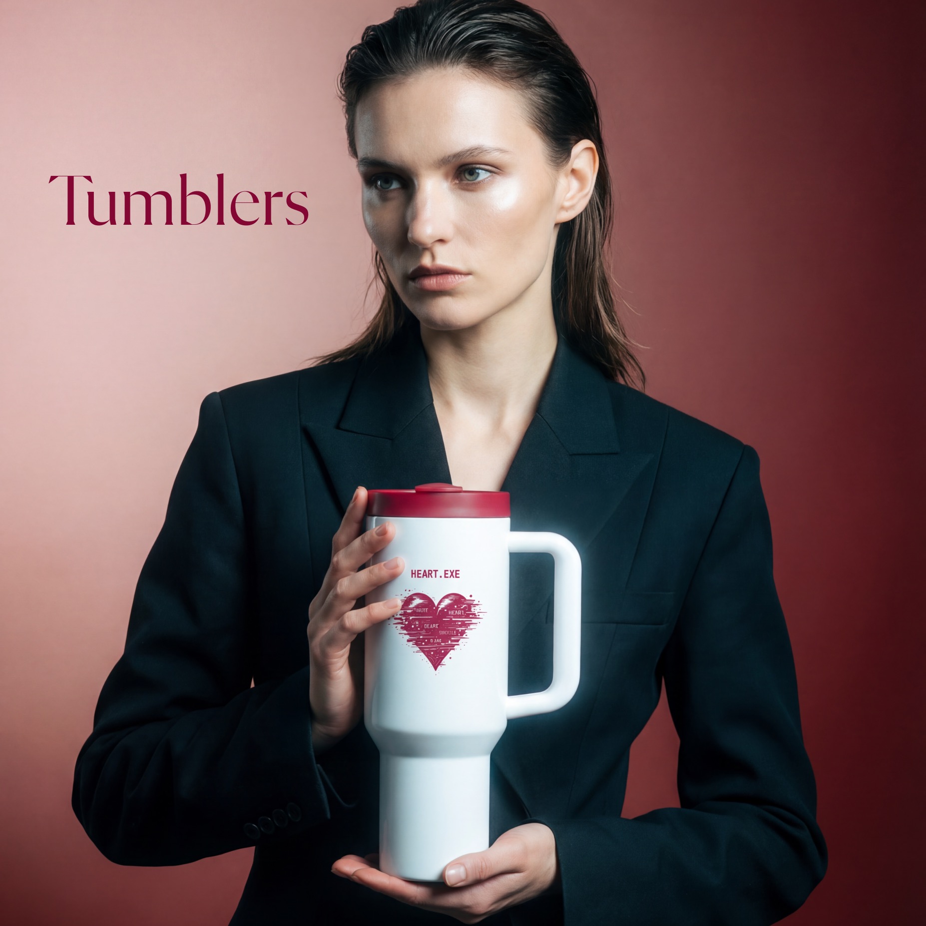 Model in a dark blazer holding a white HEART.EXE tumbler with a red lid