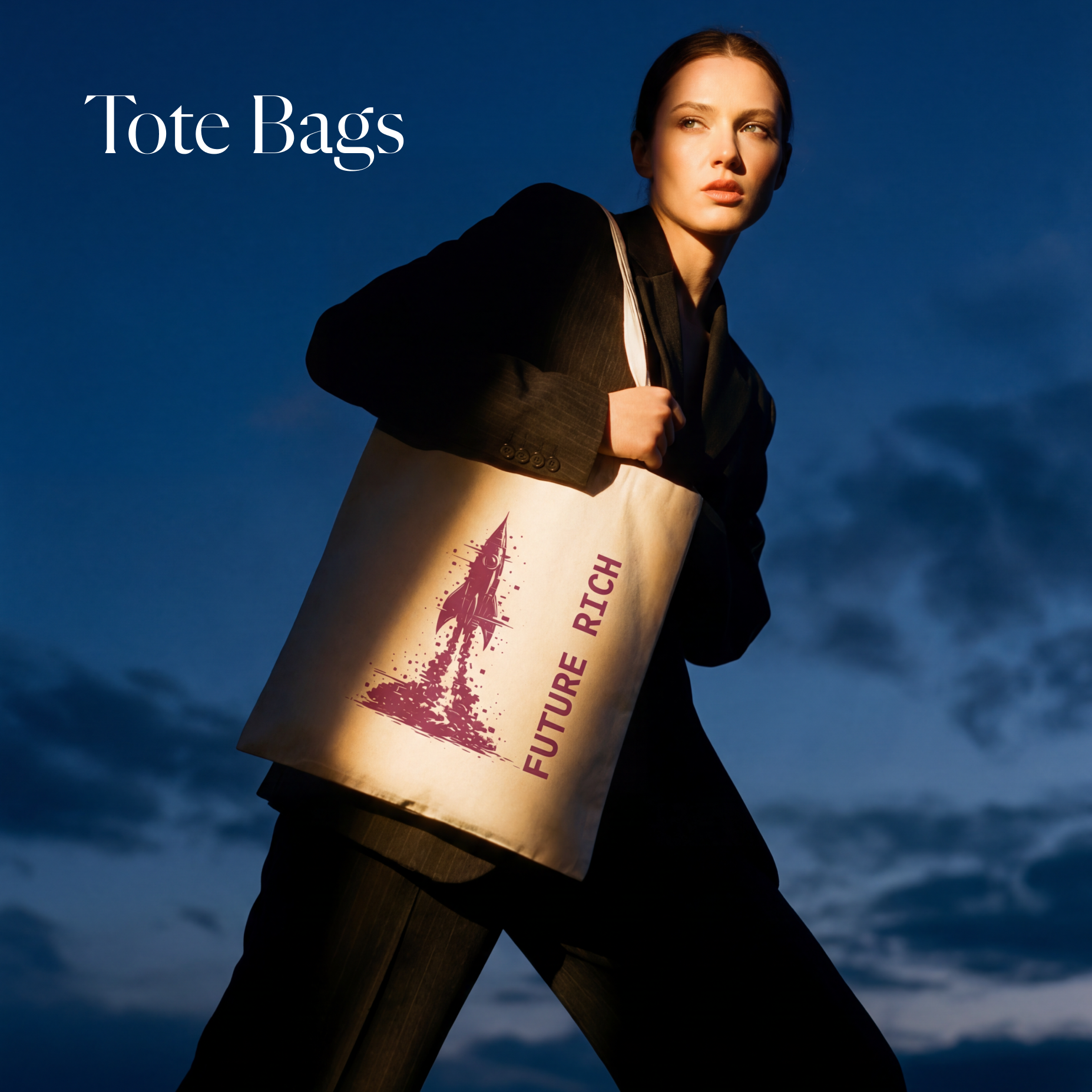 Model at dusk carrying a canvas tote with a glitch rocket and the words FUTURE RICH