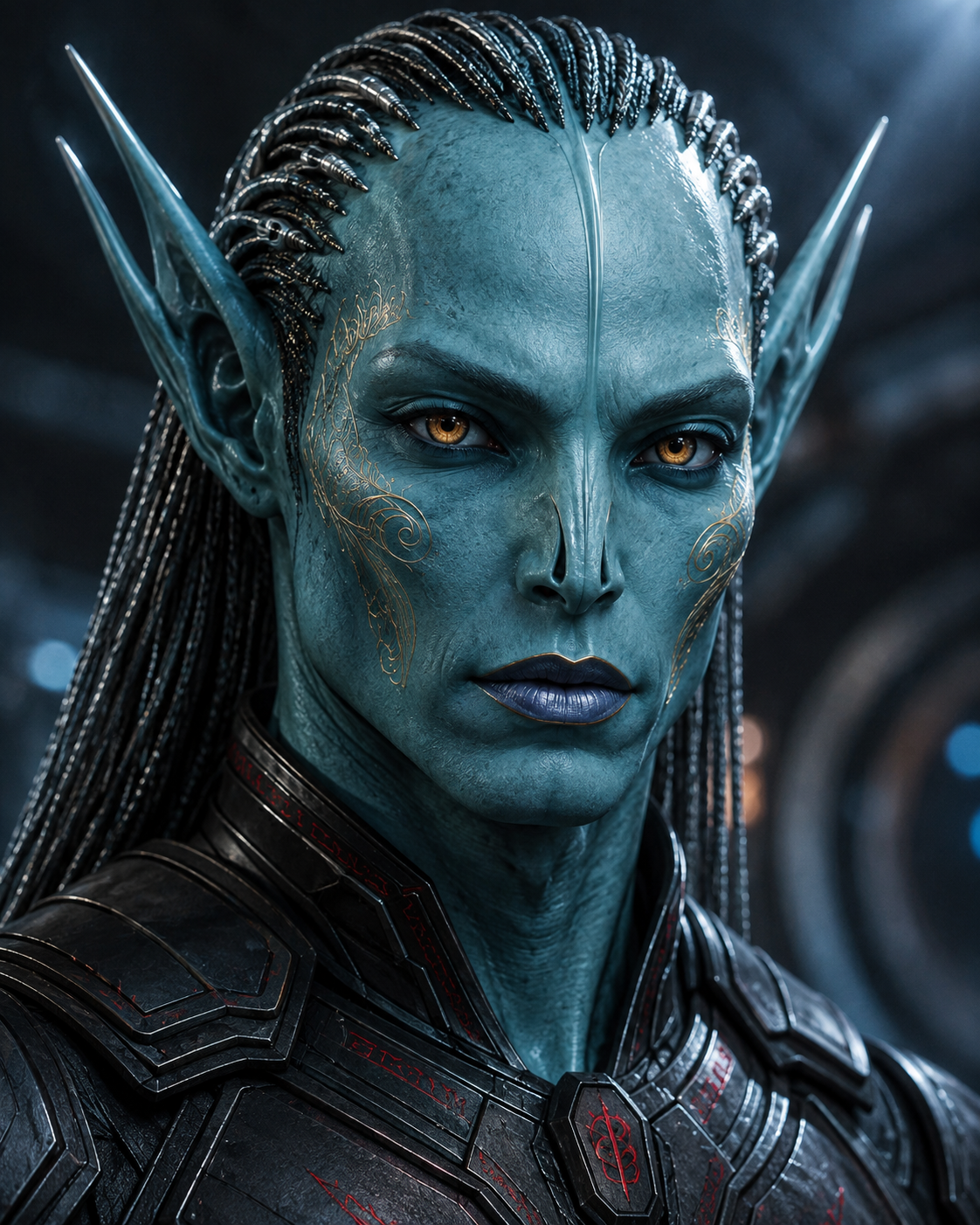 Close-up portrait of a Gamaen male with deep teal-blue skin, sharply pointed outswept ears, intricate golden filigree tattoos, amber eyes, metallic braided hair swept back, and dark lips in black sci-fi armor with red rune markings