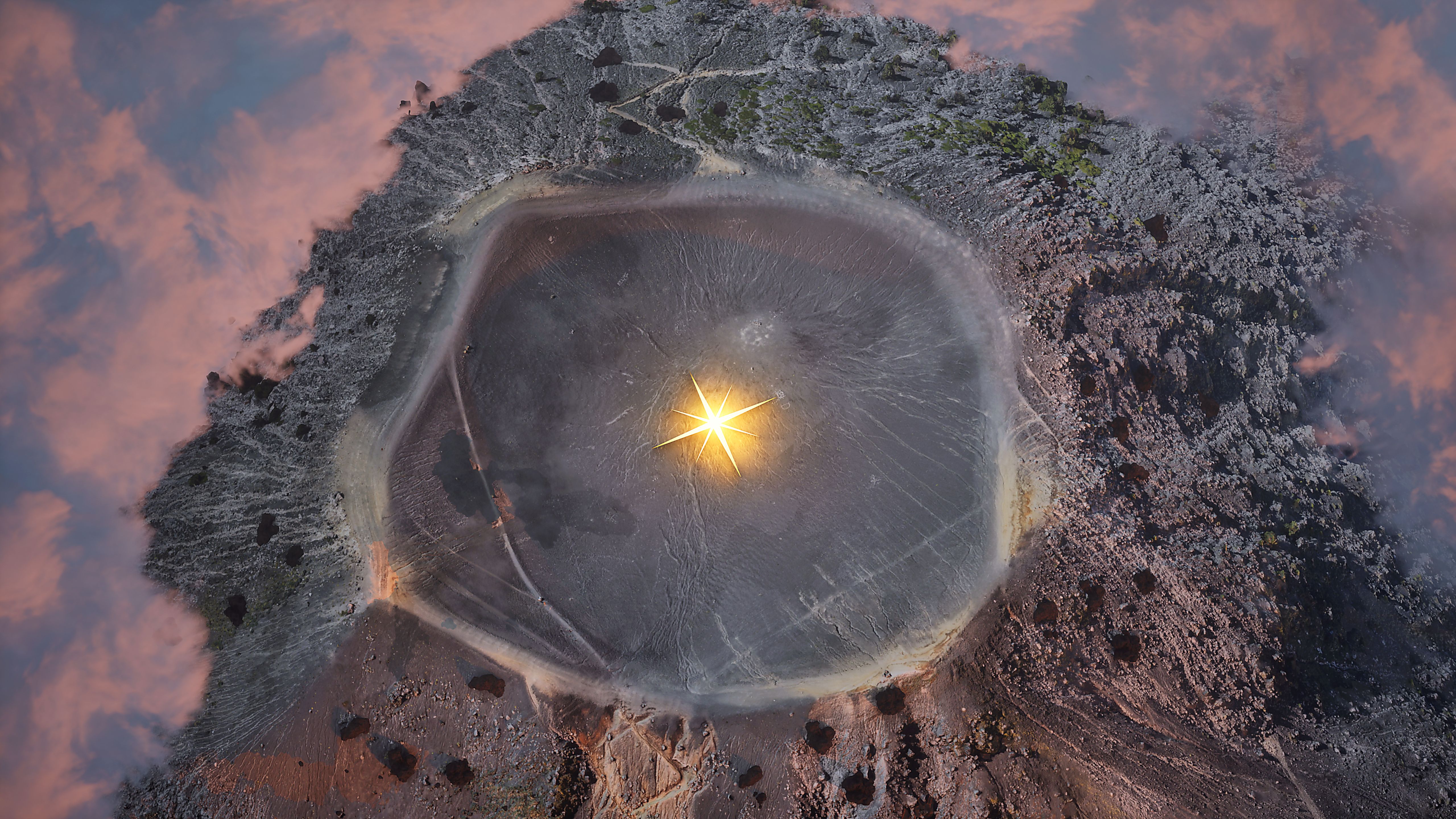 SUPERSTAR I - Aerial view of the golden star installation in the crater of Volcán Acatenango