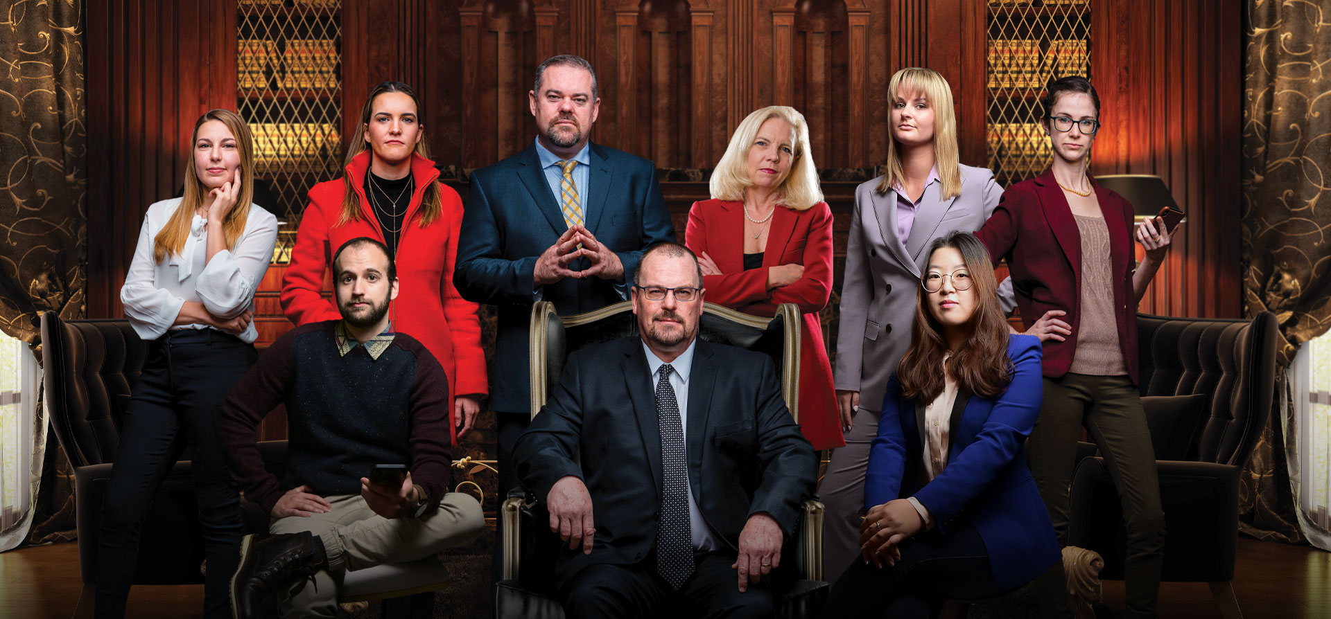 StellaPop agency team portrait in a dramatic mahogany boardroom setting
