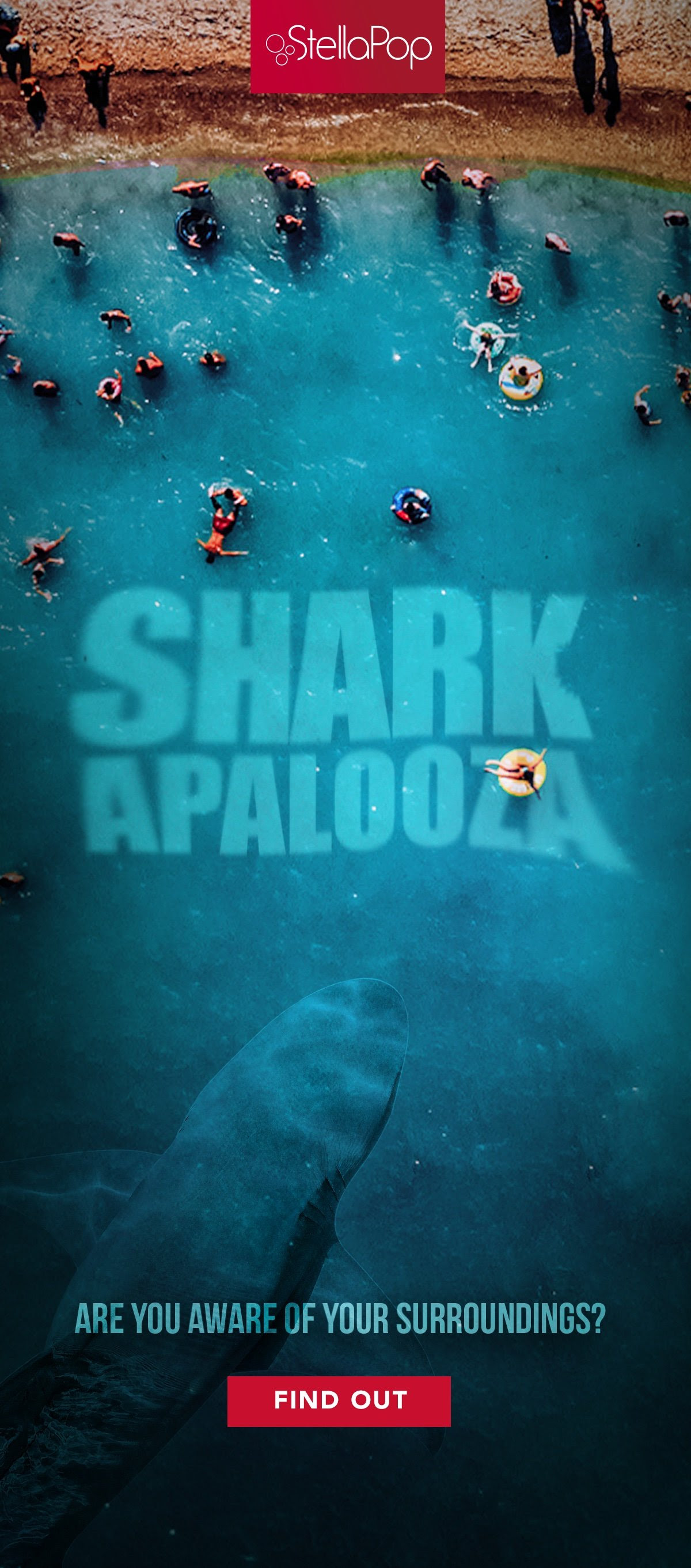 StellaPop Shark Apalooza aerial beach newsletter with underwater shark composite