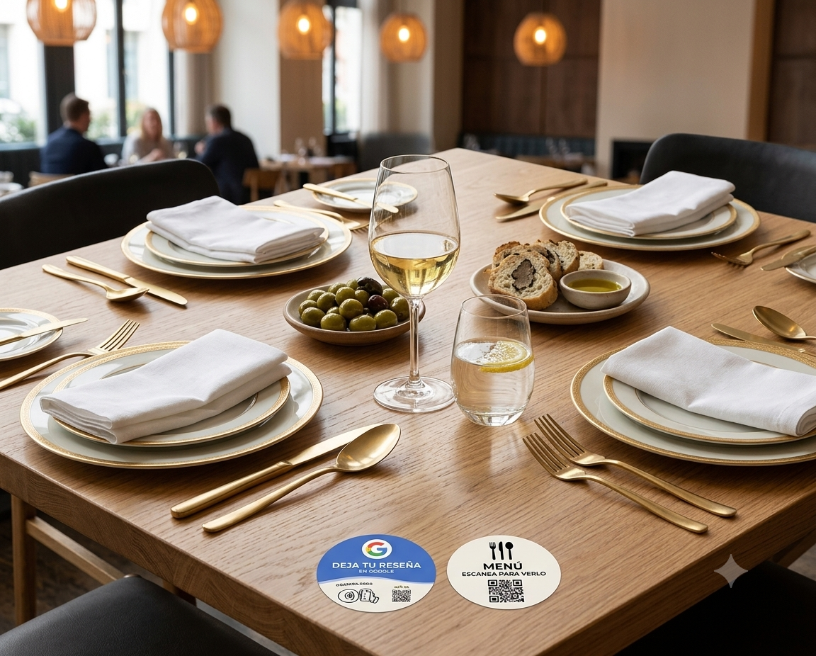 Stickers NFC MetricsField pegados en una mesa de restaurante