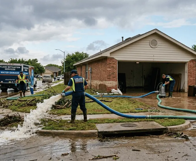 Flood water being pumped out of a Garland home after a North Texas storm