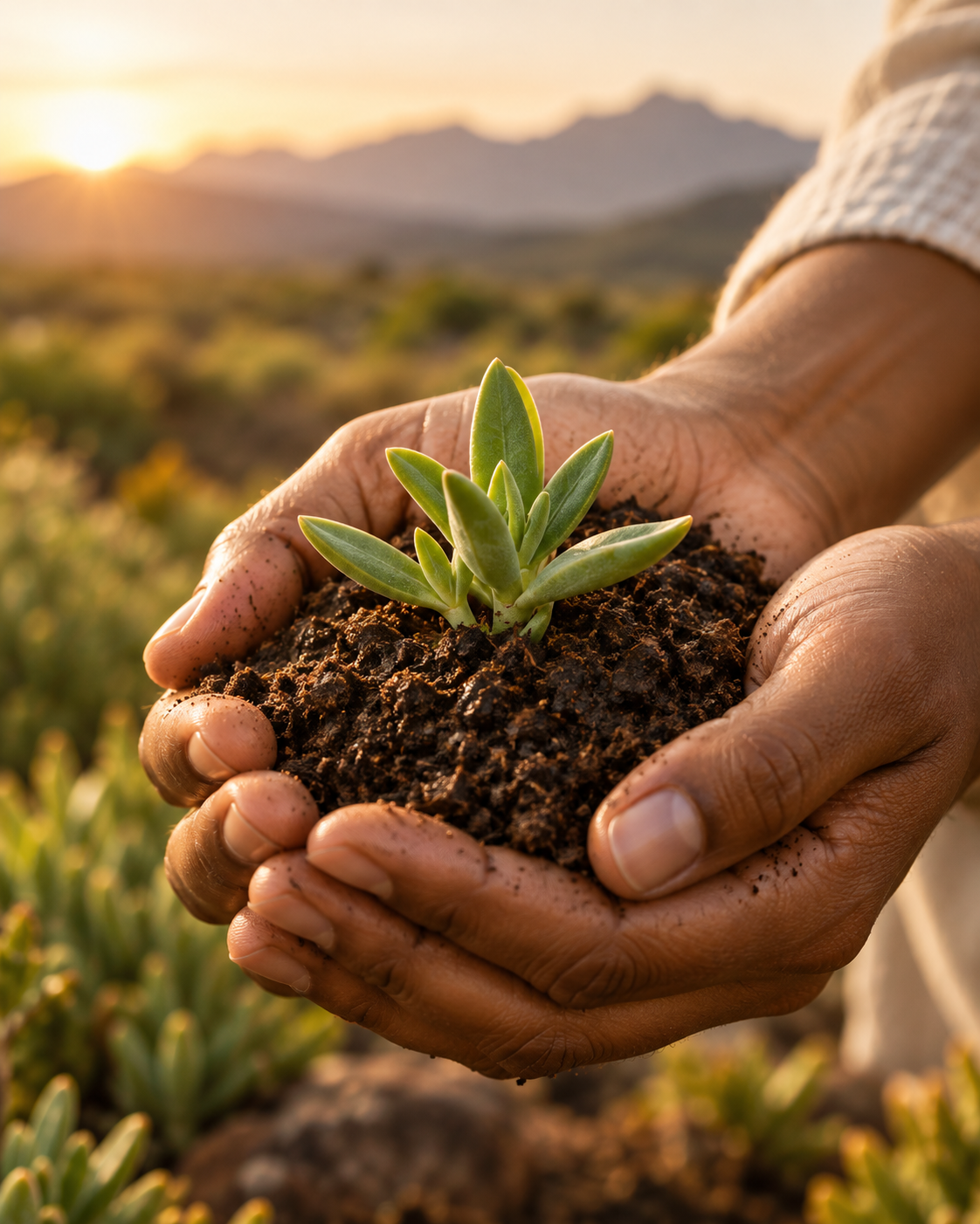 Hands holding soil and a young kanna plant