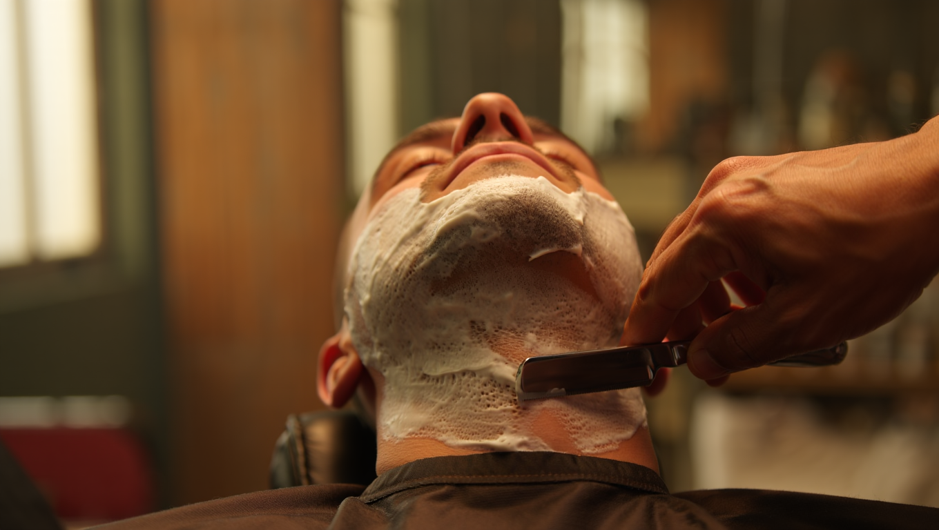 Barbero aplicando afeitado con navaja recta en cliente